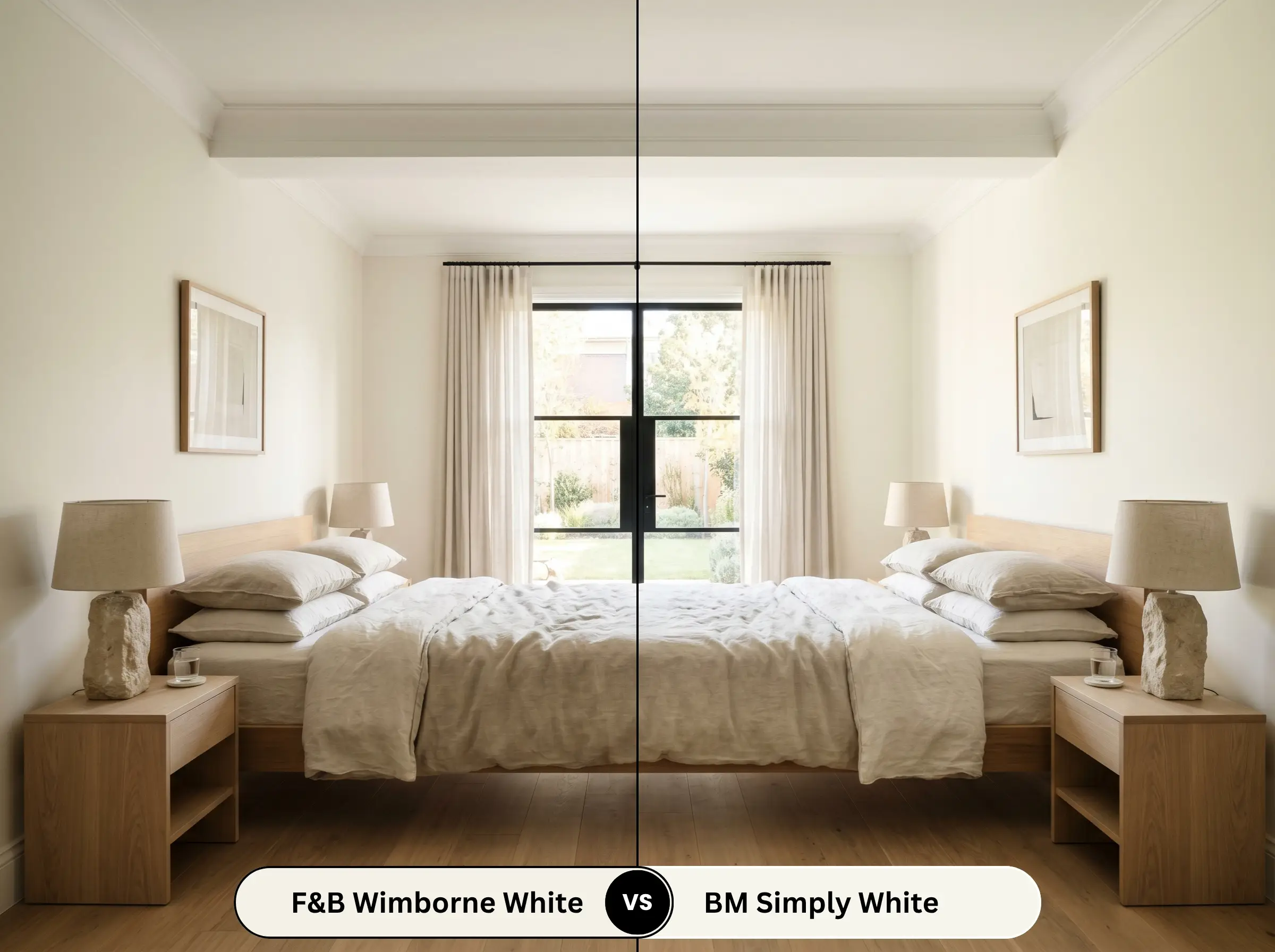 A side-by-side split-screen comparison of Farrow & Ball Wimborne White on the left and Benjamin Moore Simply White on the right, shown in a serene master bedroom with heavy natural linen duvets.