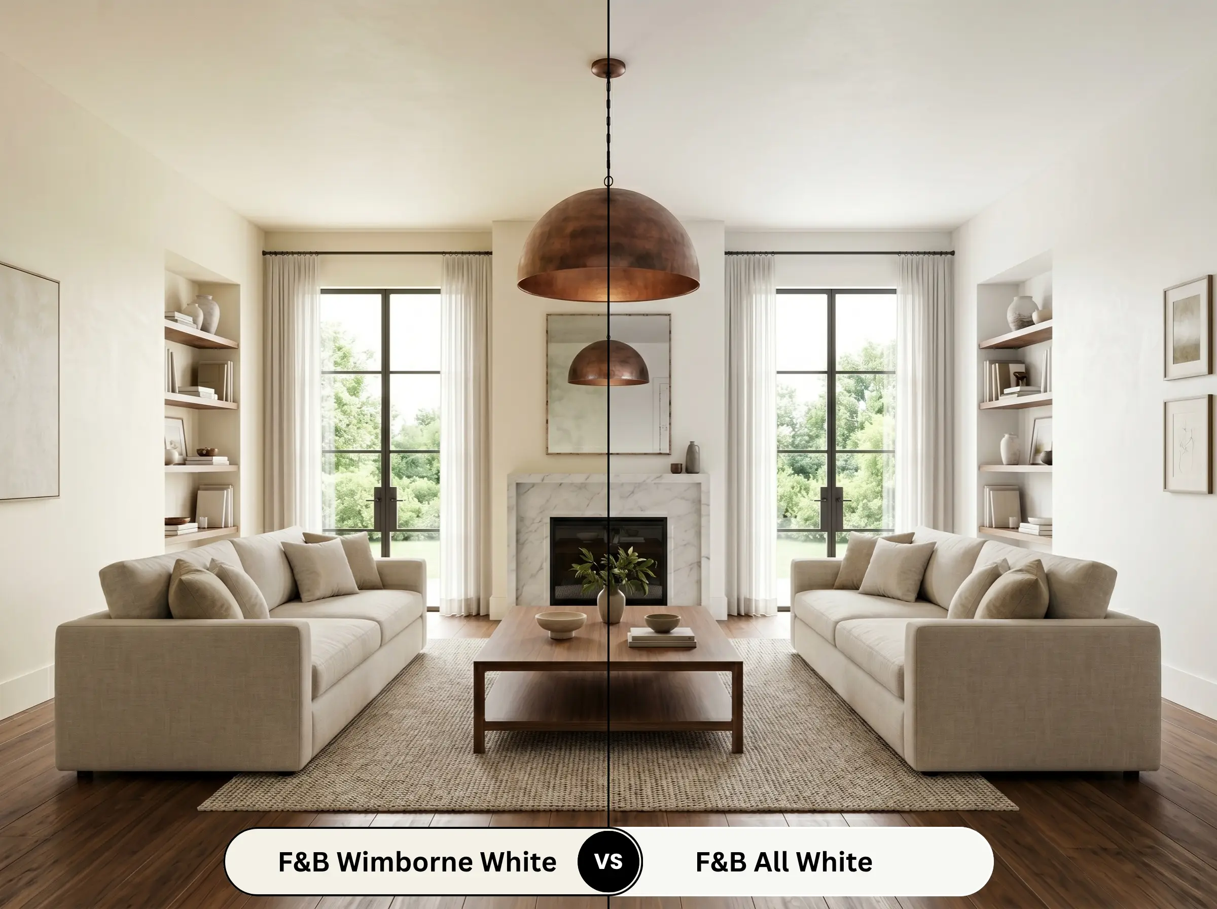 A side-by-side split-screen comparison of Farrow & Ball Wimborne White on the left and Farrow & Ball All White on the right, shown in a transitional living room with a warm walnut coffee table.