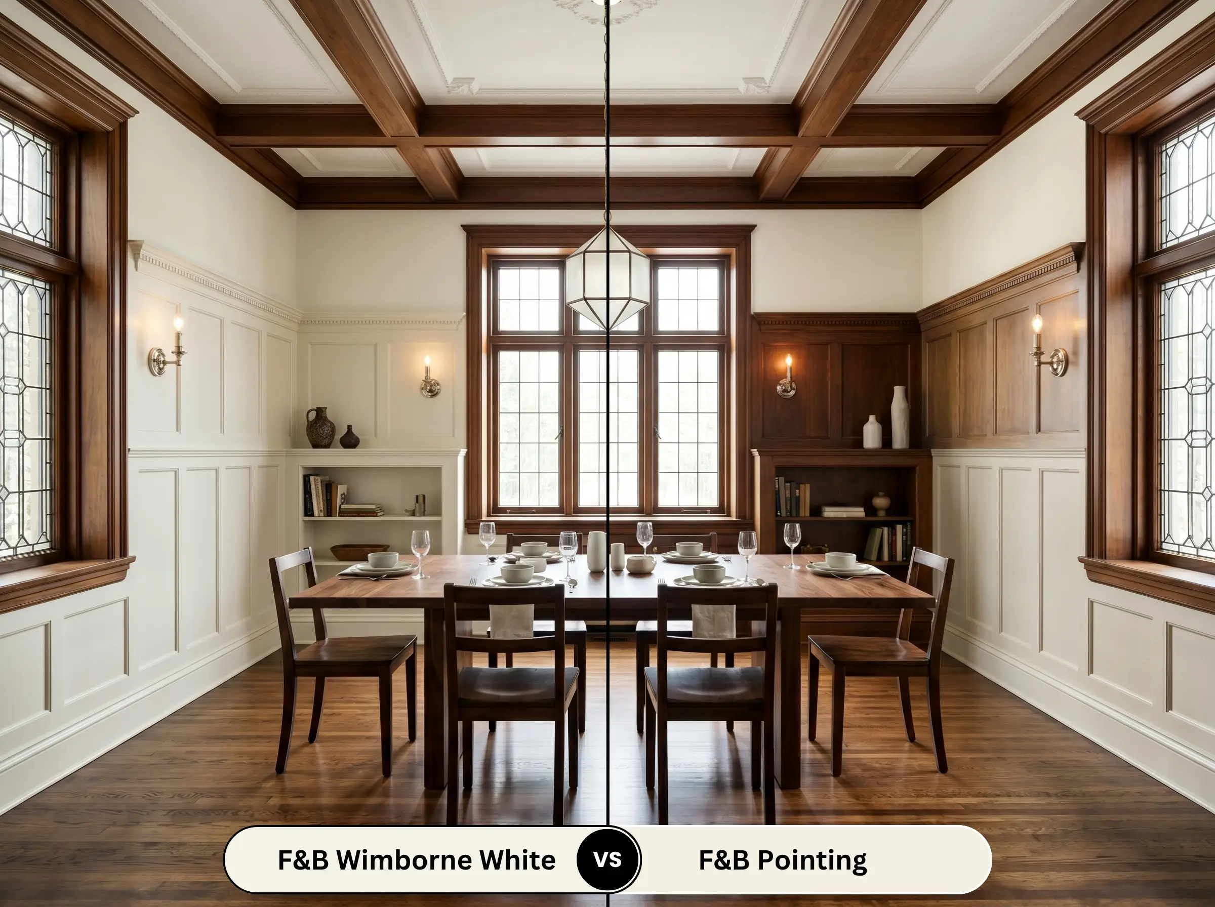 A side-by-side split-screen comparison of Farrow & Ball Wimborne White on the left and Farrow & Ball Pointing on the right, shown in a historic paneled dining room with a rich walnut table.