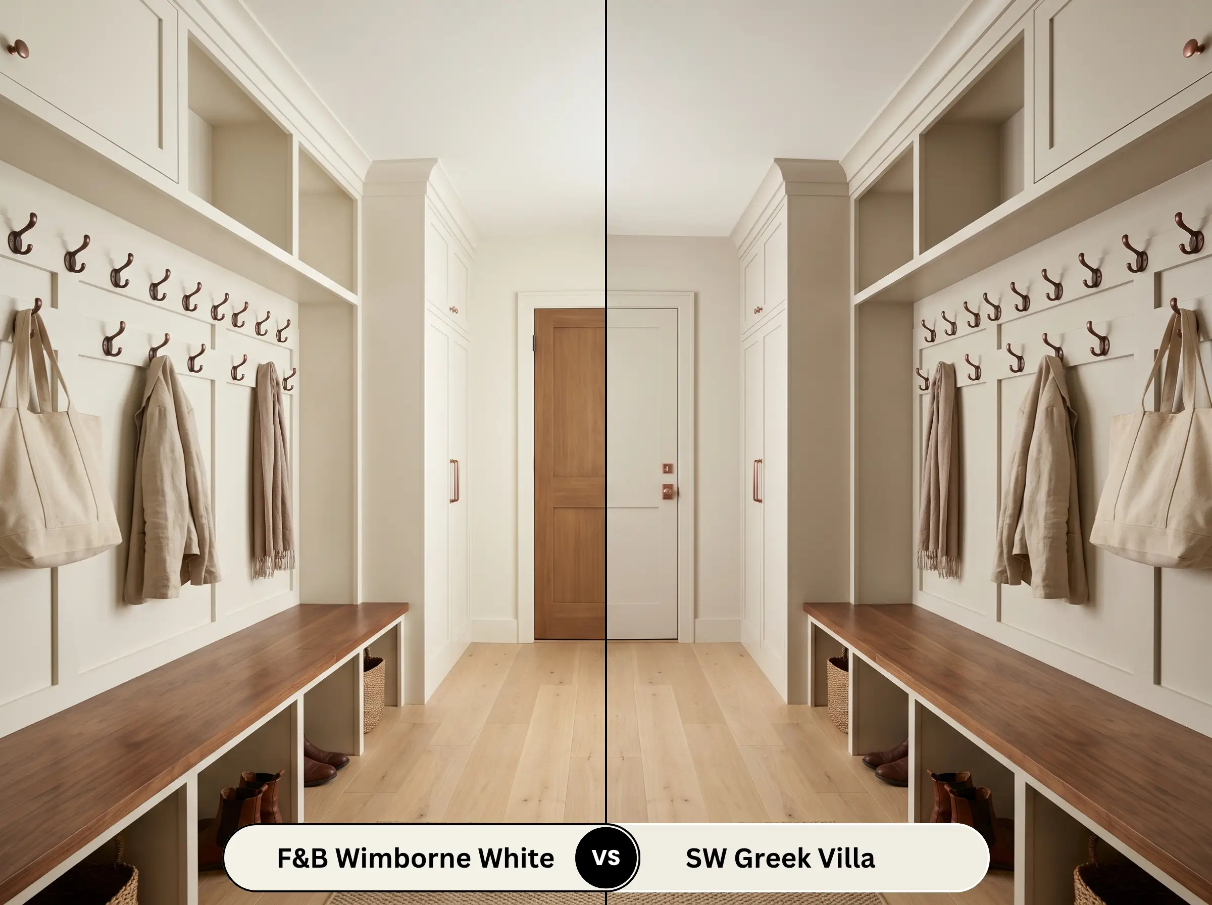 A side-by-side split-screen comparison of Farrow & Ball Wimborne White on the left and Sherwin-Williams Greek Villa on the right, shown in a custom mudroom with built-in lockers and unlacquered copper hooks.