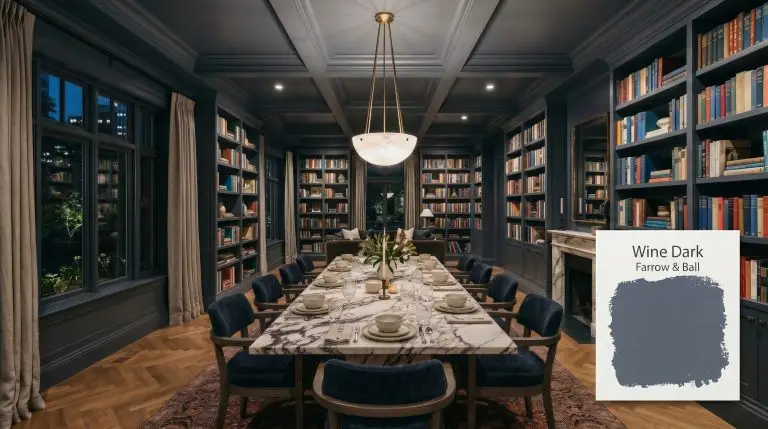 A grand transitional dining room and home library features built-in bookshelves and walls painted in Farrow & Ball Wine Dark (Hex #5c6576), surrounding a heavily veined marble table and smoked oak chairs.