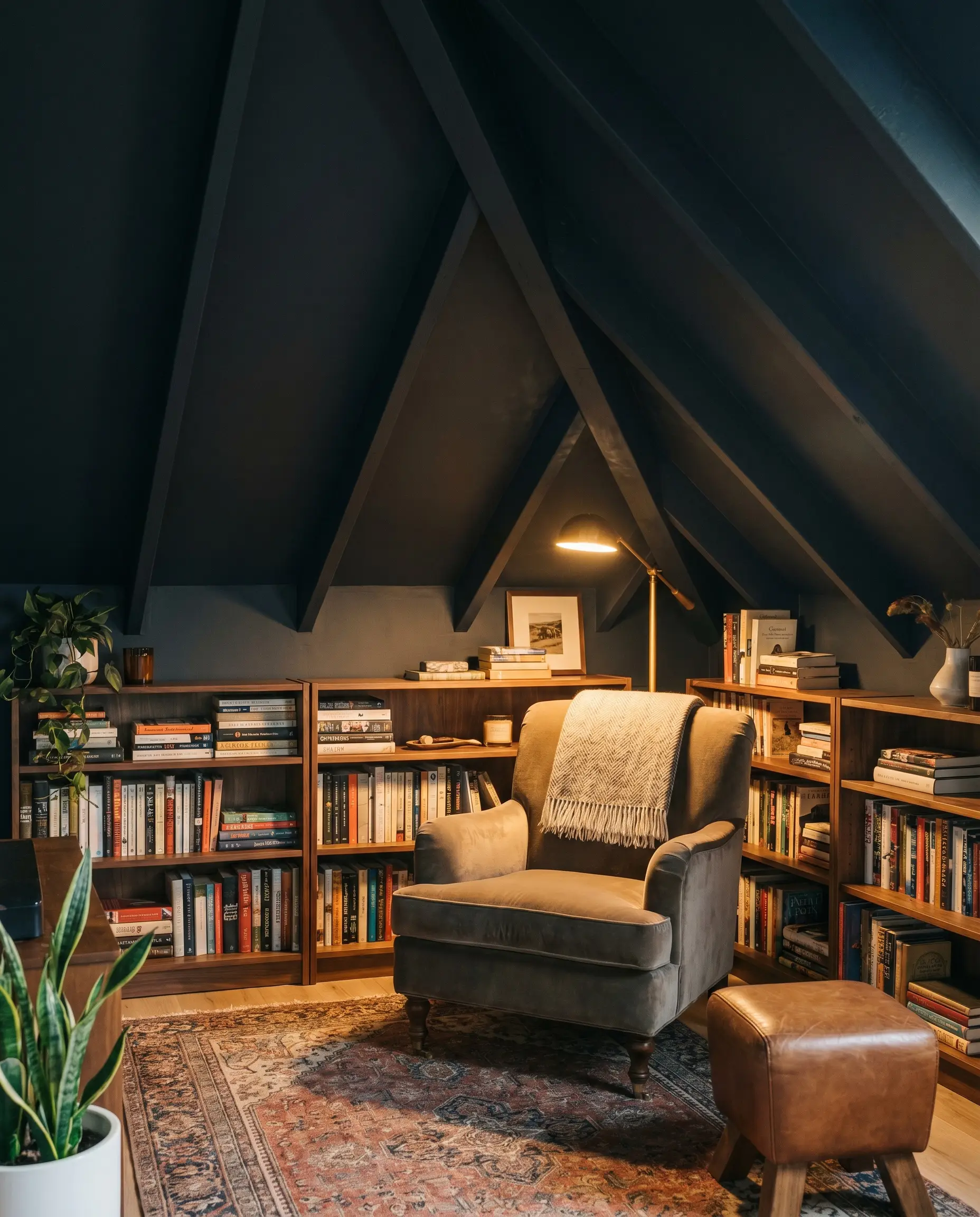A plush reading chair and oiled walnut bookshelves furnish a cozy finished attic reading nook enveloped entirely in a cool-toned dark navy paint.