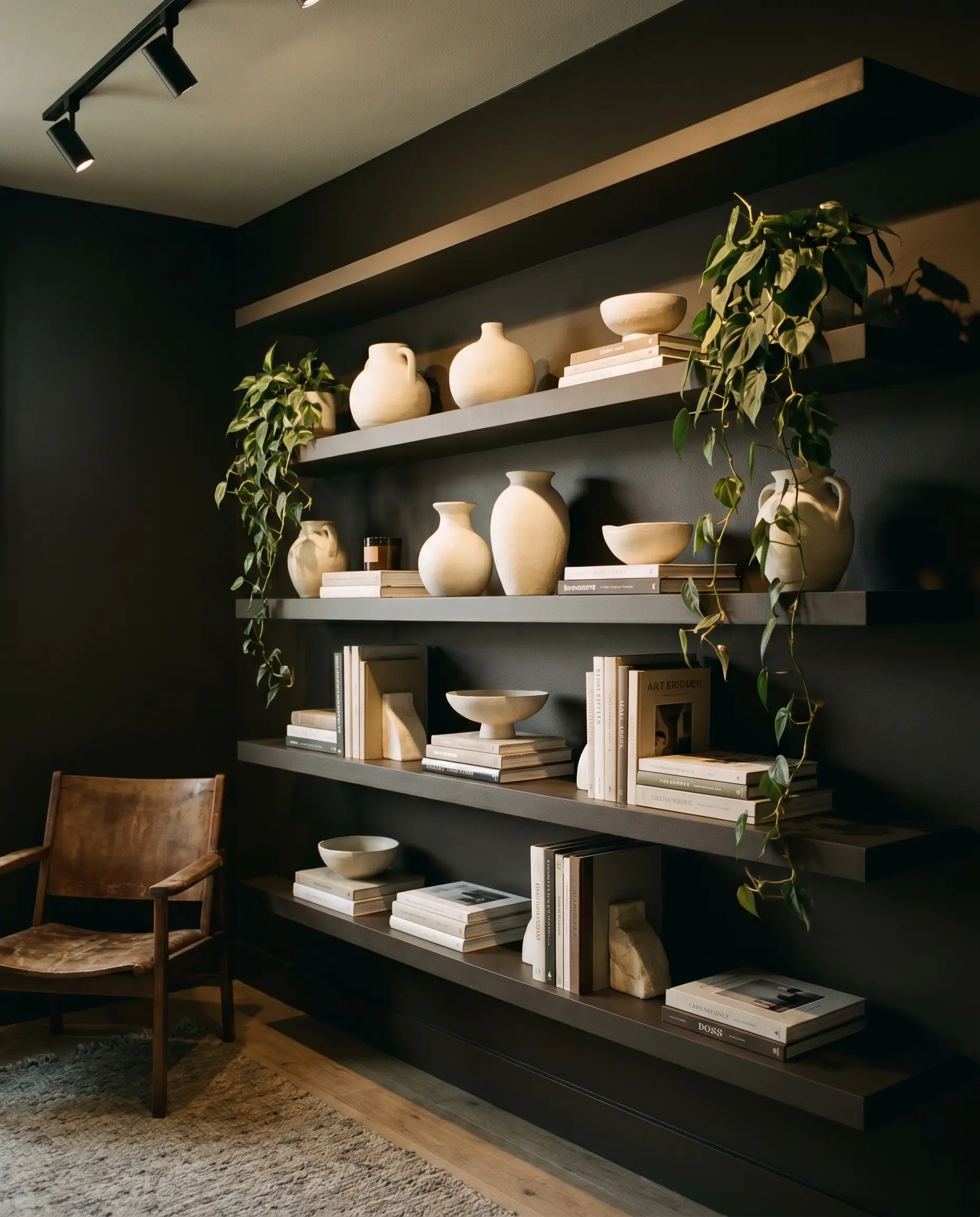 Light-colored cream ceramics and stacked art books pop beautifully against velvety dark brown floating MDF display shelves and a moody backdrop wall.