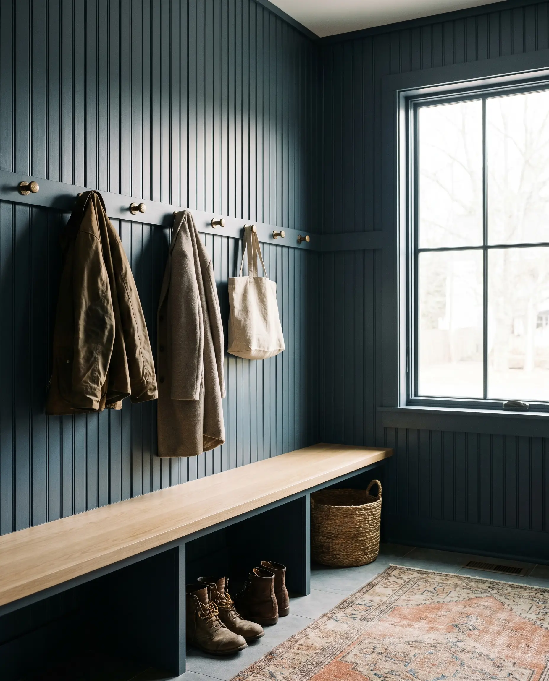 Stylish coats and a linen bag hang from knurled antique brass hooks on floor-to-ceiling beadboard painted in Benjamin Moore Polo Blue.