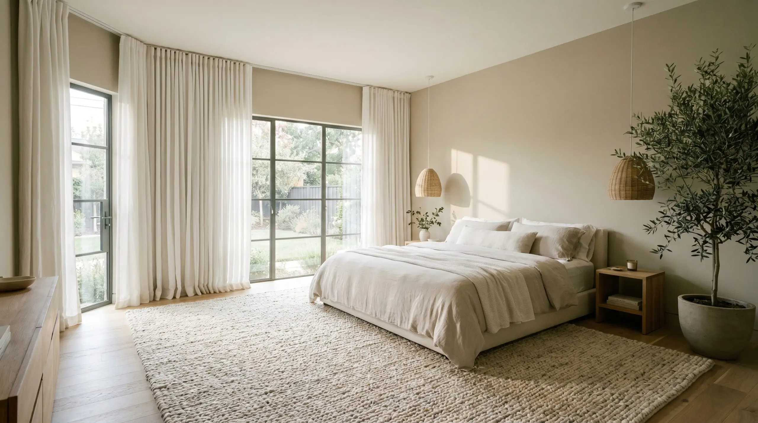 An organic modern primary bedroom painted in Benjamin Moore Bleeker Beige (Hex #CDC0A8) features floor-to-ceiling white linen drapes and a heavily textured looped wool rug.