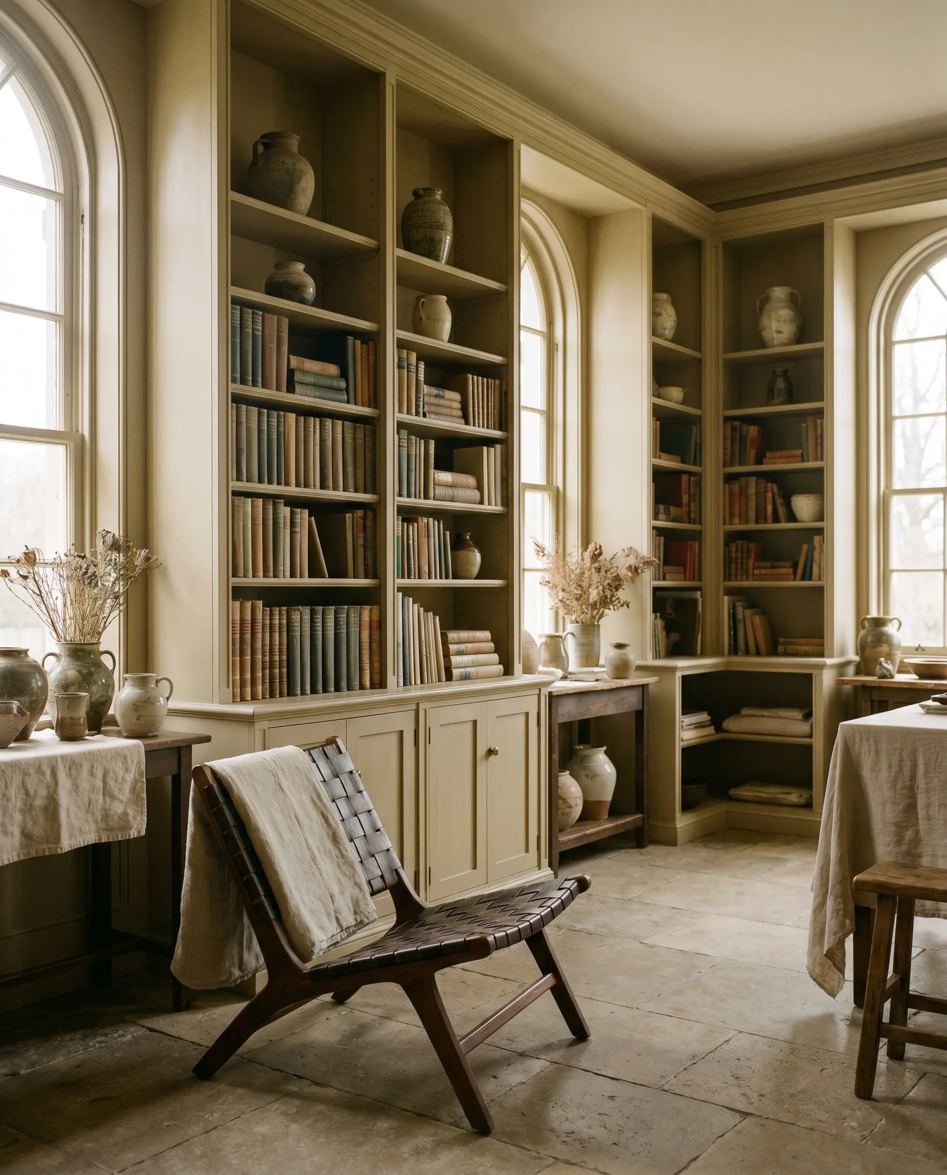 Floor-to-ceiling built-in shelving loaded with textured books and subtle ceramics surrounds a highly structured, low-profile reading chair in a mid-tone buff library.