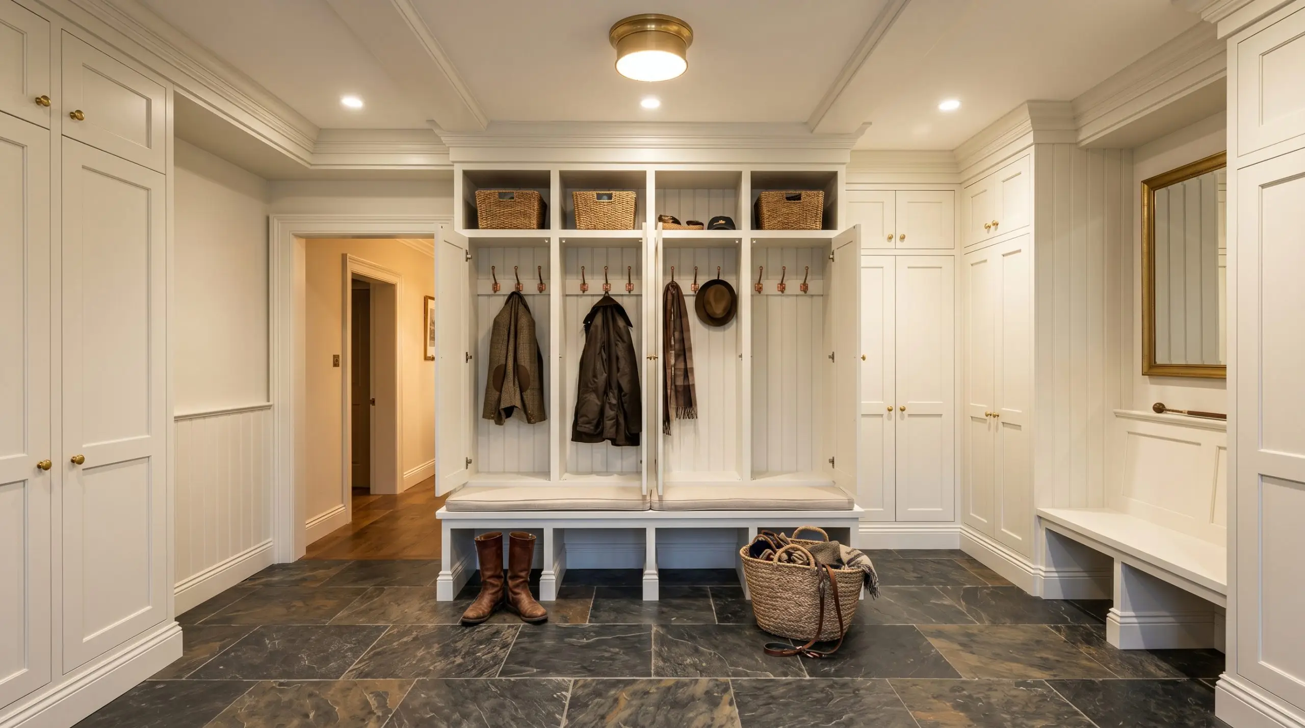 Custom floor-to-ceiling wooden lockers with unlacquered copper coat hooks sit atop a heavily veined, rugged dark slate floor in a windowless mudroom.