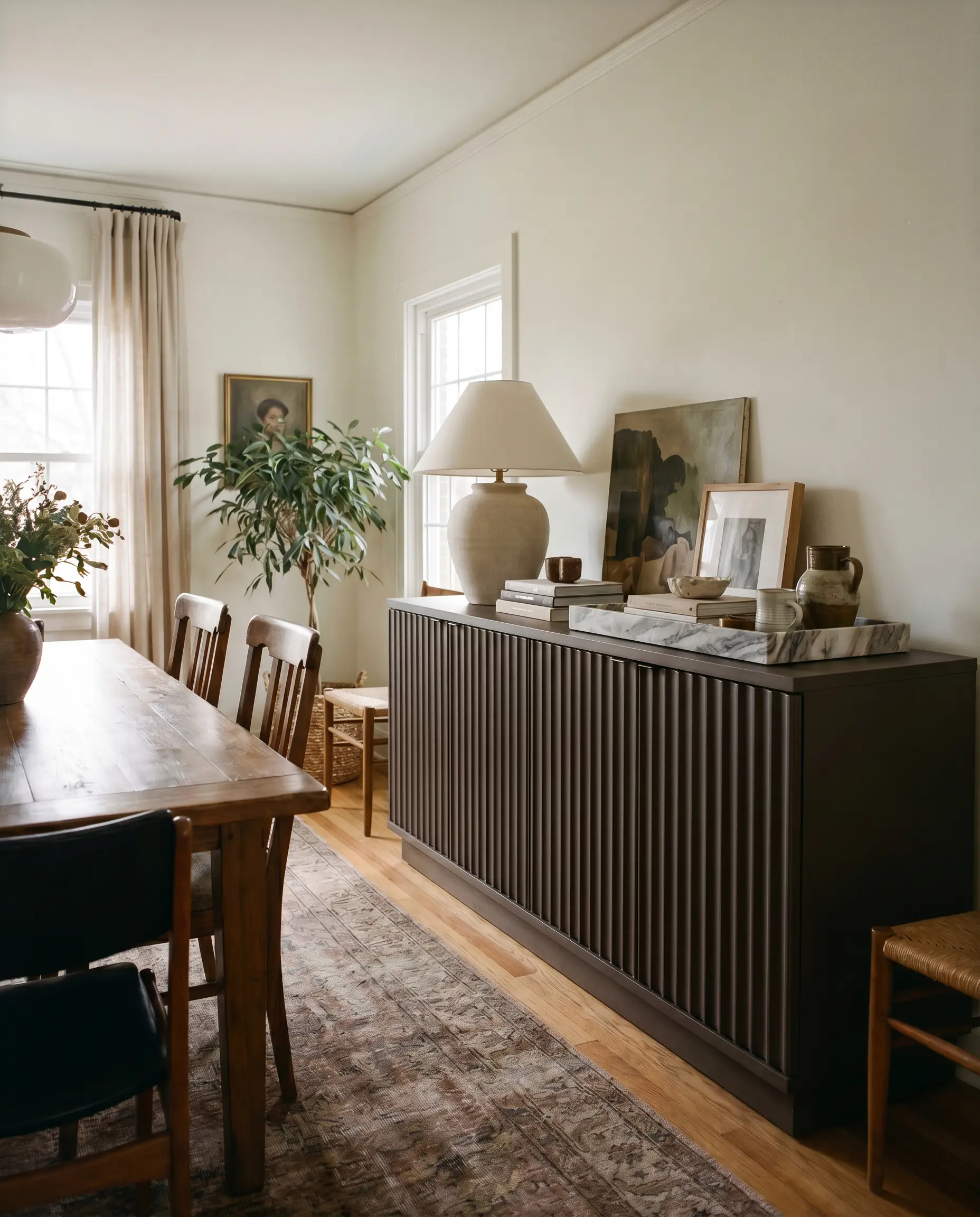 An oversized ceramic table lamp and heavily veined marble tray sit atop a fluted dining room sideboard painted in a matte finish of Clove.
