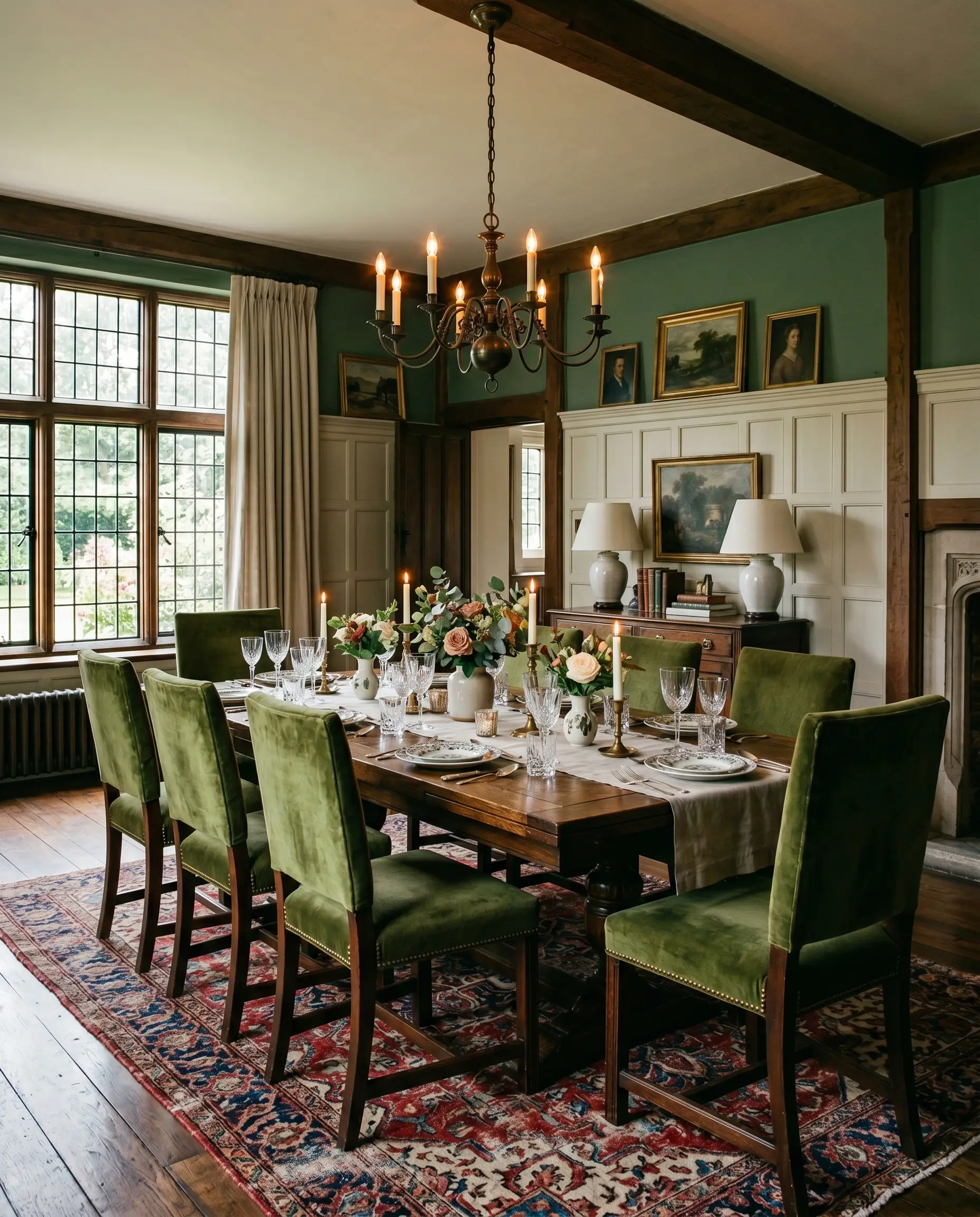 Heavy velvet dining chairs surround a set table in a formal dining room featuring upper walls painted Farrow & Ball Card Room Green (Hex #878f81) above traditional off-white wainscoting.