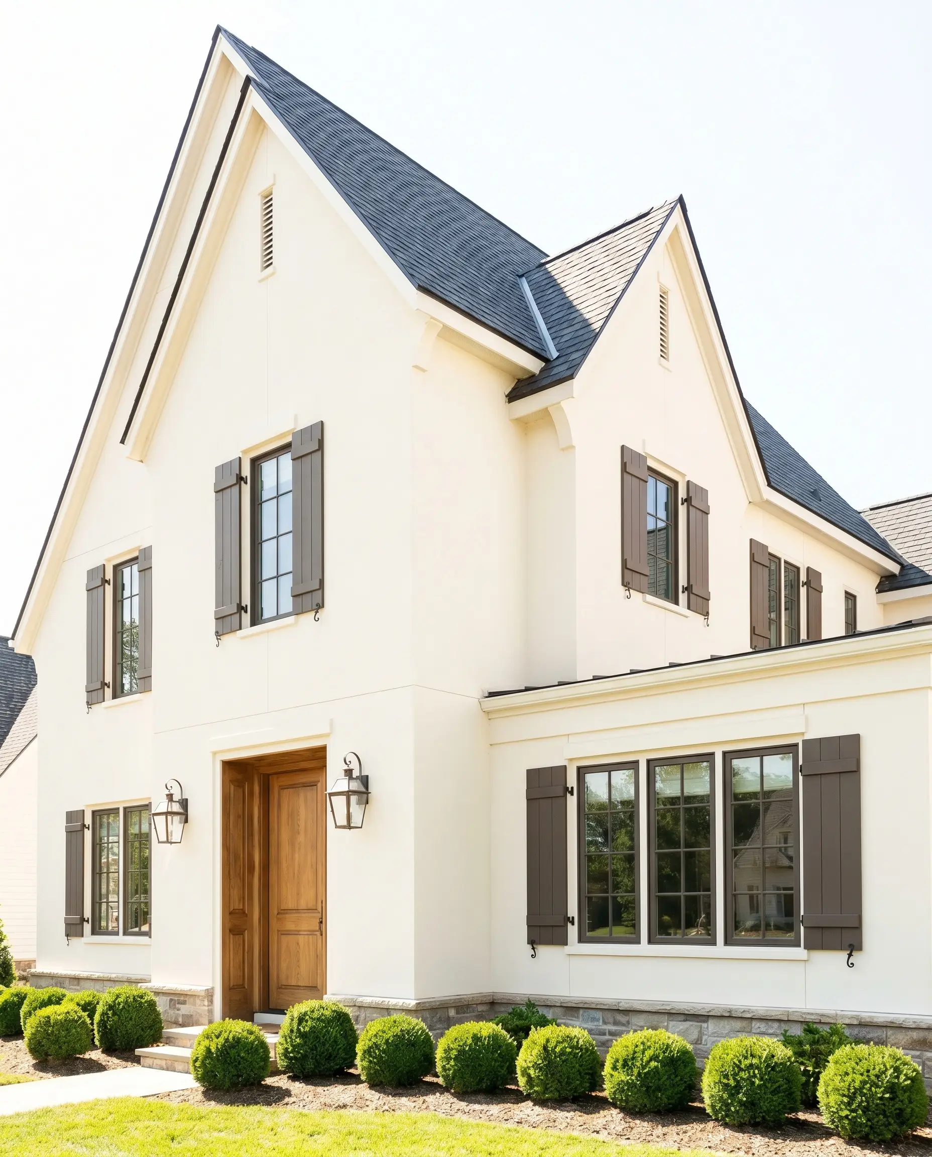 Window shutters painted in Behr's Wild Truffle contrast beautifully with creamy white siding, clean rooflines, and manicured boxwoods on a French Country home exterior facade.