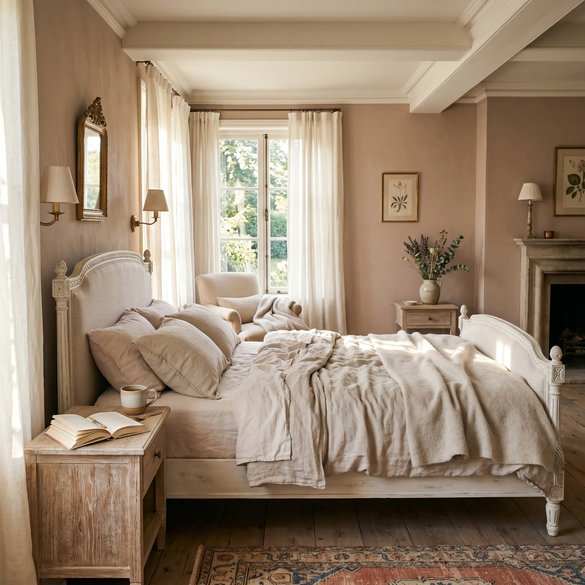 A romantic bed layered in soft washed linen bedding rests beside distressed white oak nightstands in a serene earthy beige bedroom sanctuary.