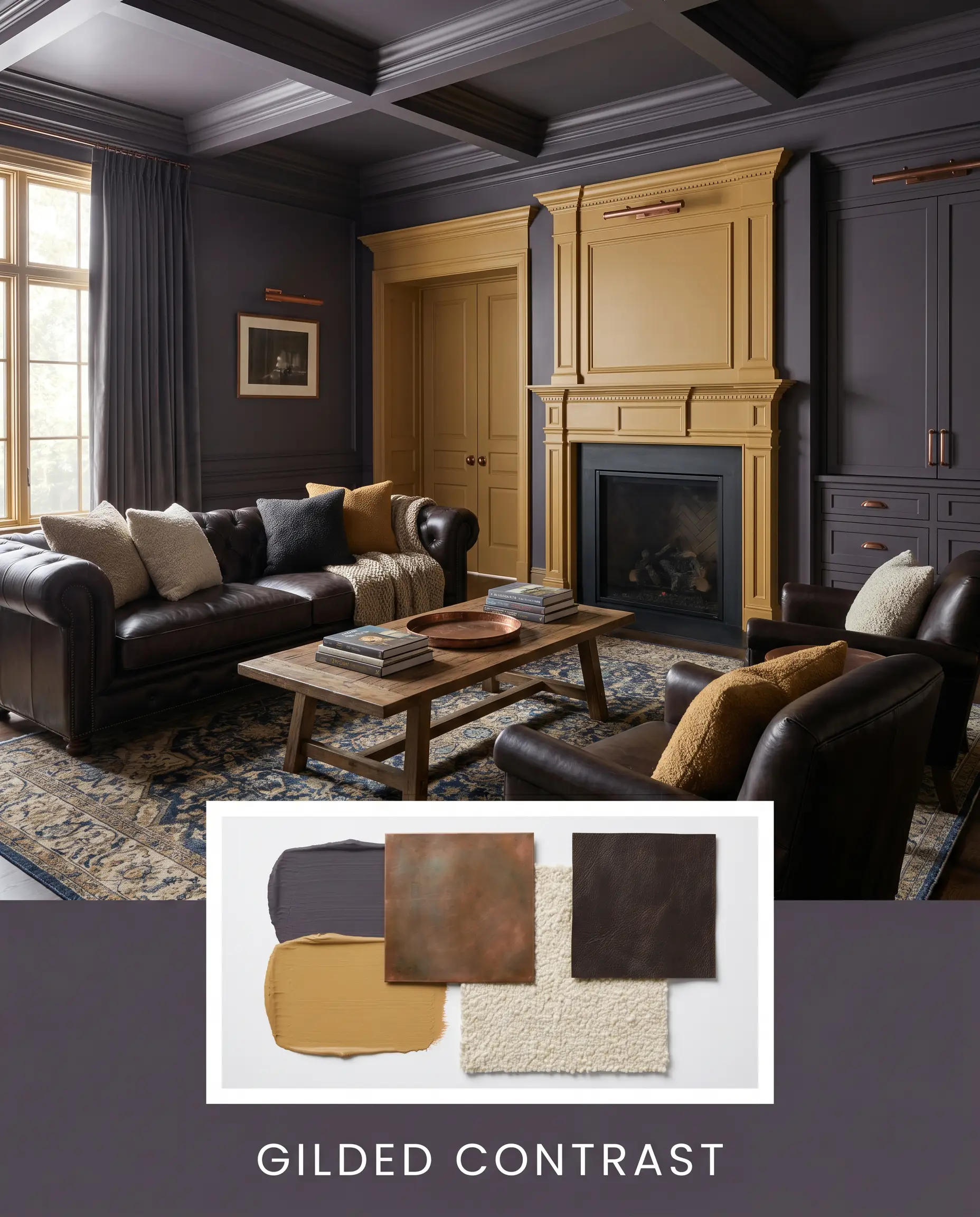 A visually rich living space layout showcases dark espresso leather seating, textured bouclé pillows, and antique copper hardware against saturated deeps wall paint.
