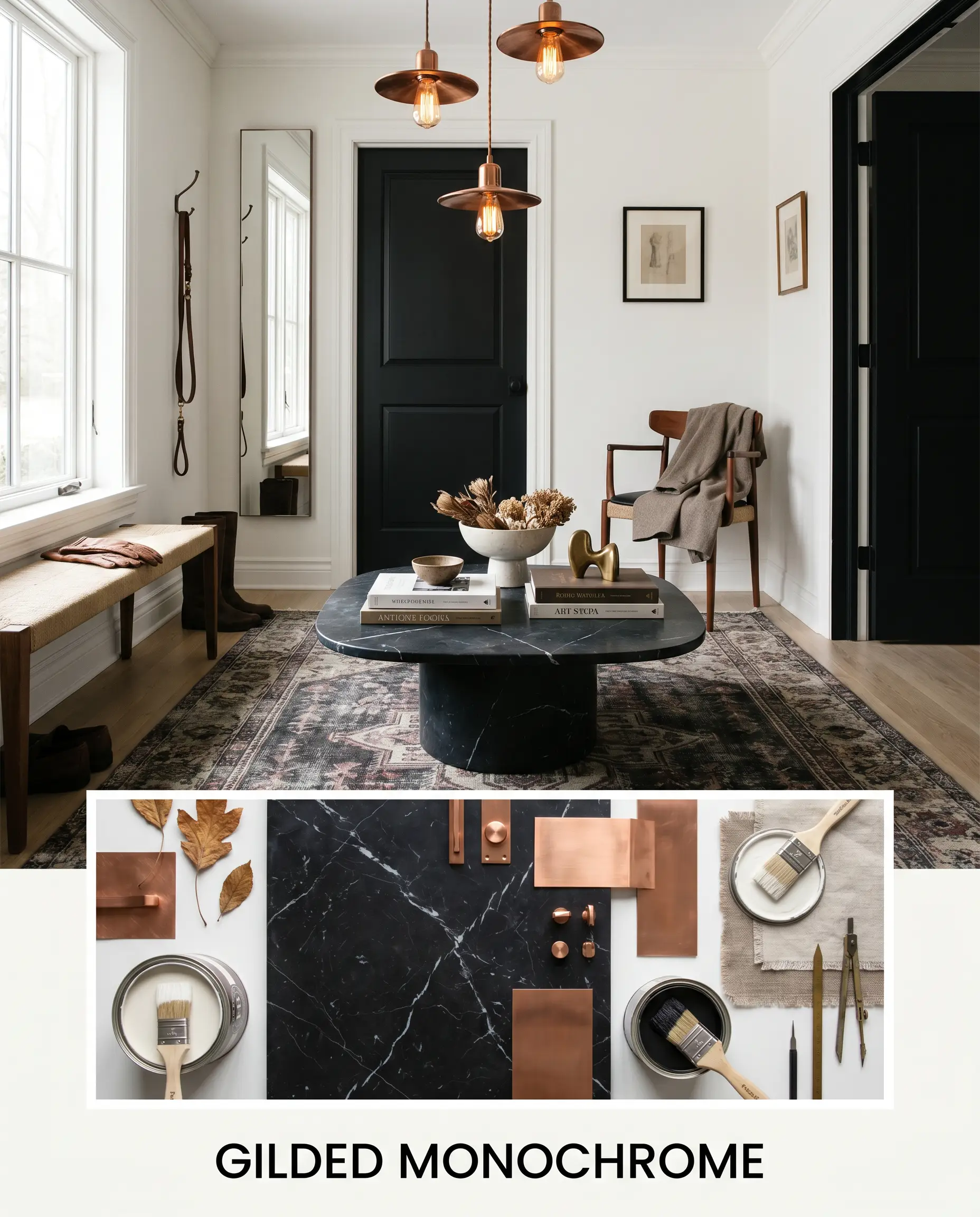 An editorial concept board titled GILDED MONOCHROME pairs a tailored entryway painted in Farrow & Ball All White (Hex #f6f6f2) with a flat-lay of Nero Marquina marble and burnished copper metal.