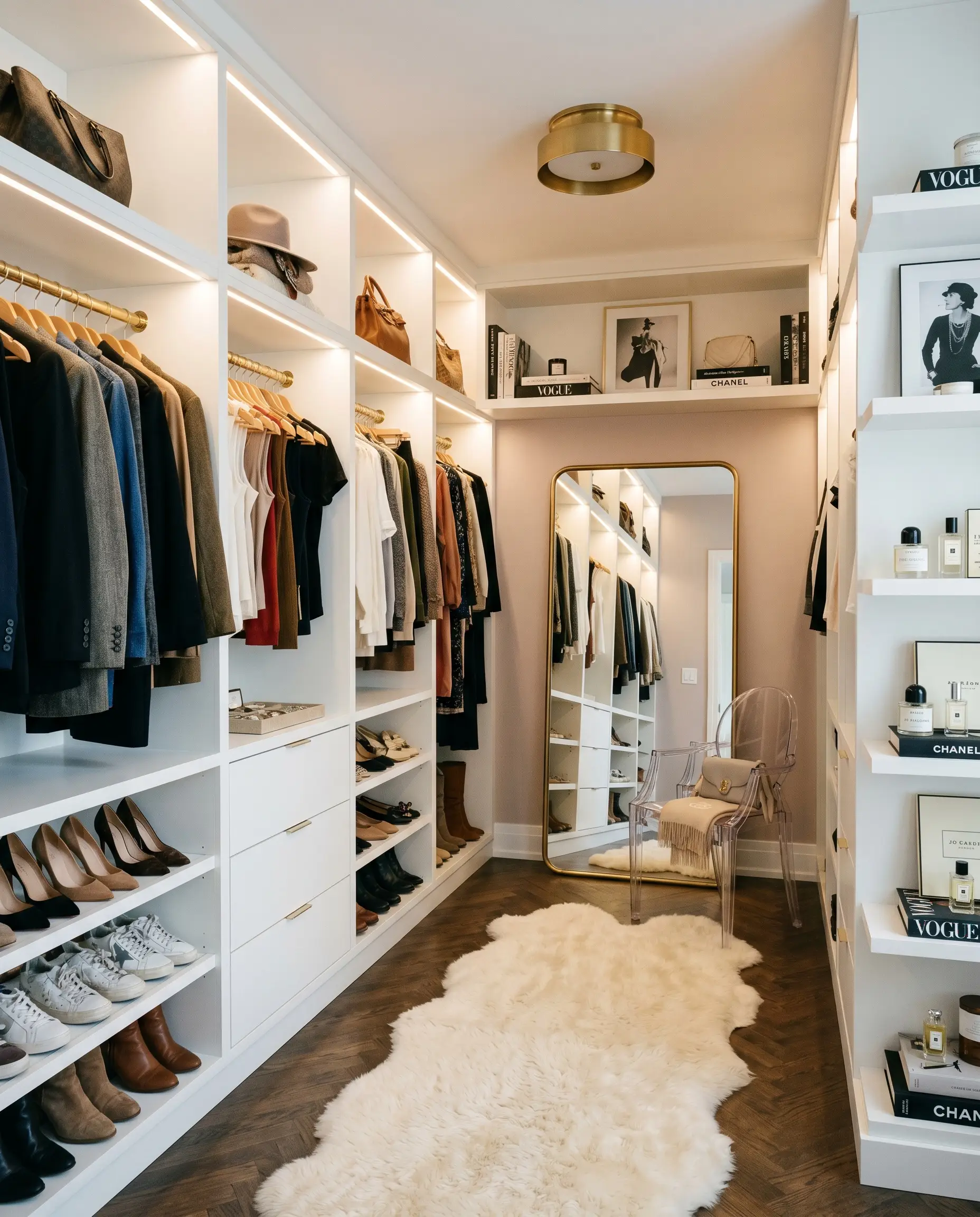 An oversized leaning mirror and an acrylic ghost chair sit on a textured sheepskin runner inside a glamorous dusty mauve walk-in closet.