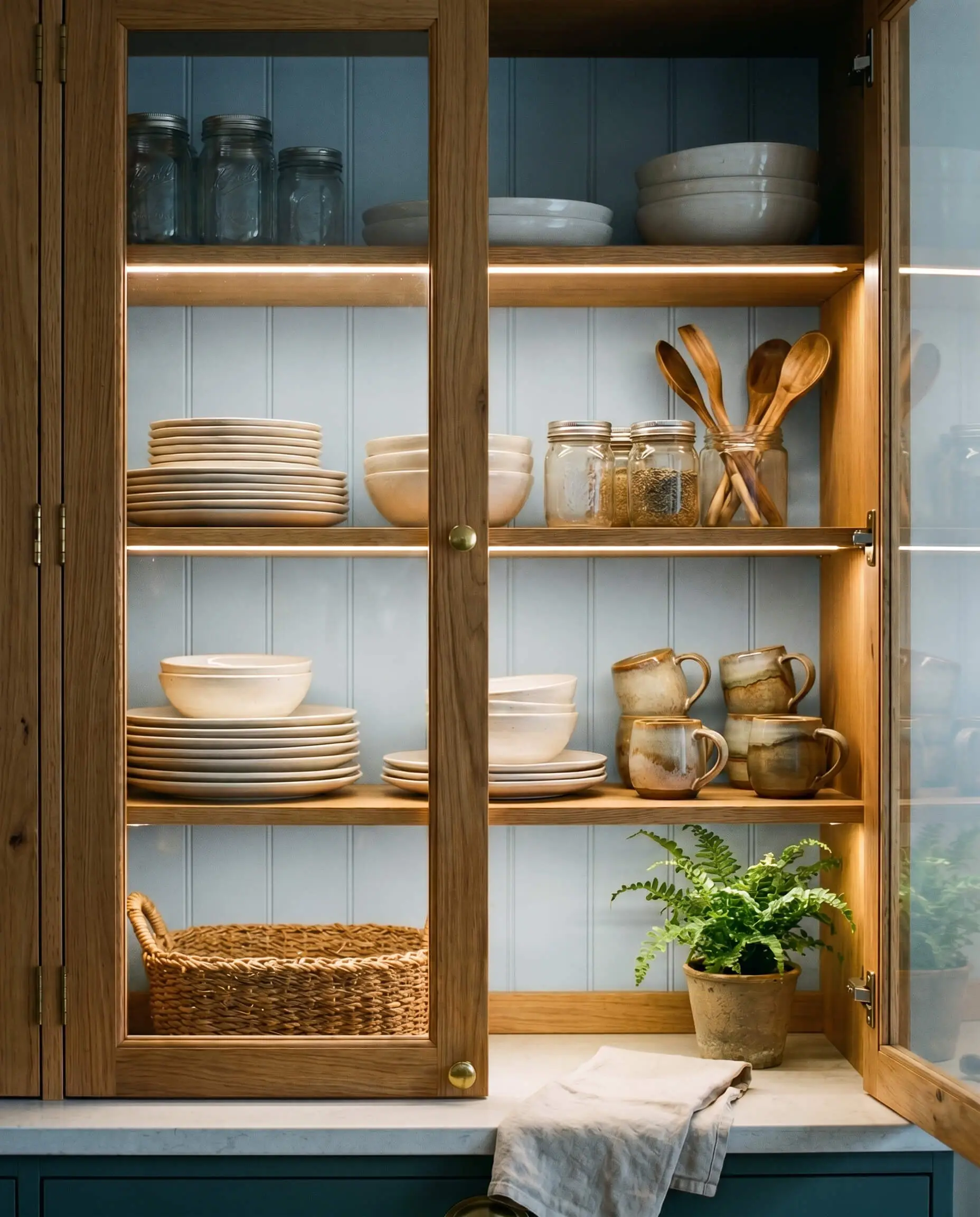 Everyday white ceramics and artisanal pottery sit on wooden shelves inside a glowing glass-front kitchen cabinet featuring a soft blue back panel and unlacquered brass hardware.