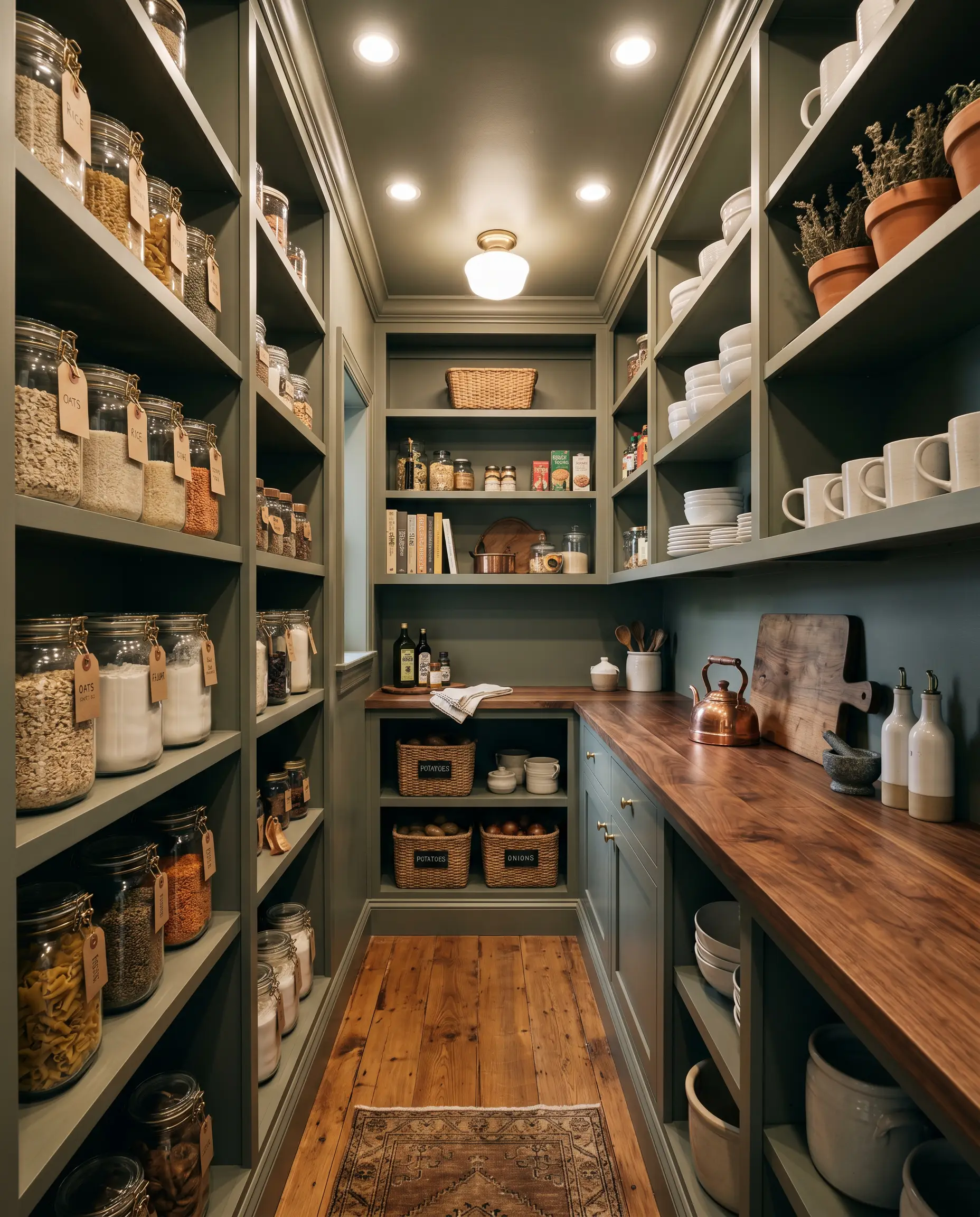 A walk-in butler's pantry features floor-to-ceiling earthy green shelving holding everyday glass storage jars, brass labeling clips, stacked white ceramics, and a natural walnut countertop.