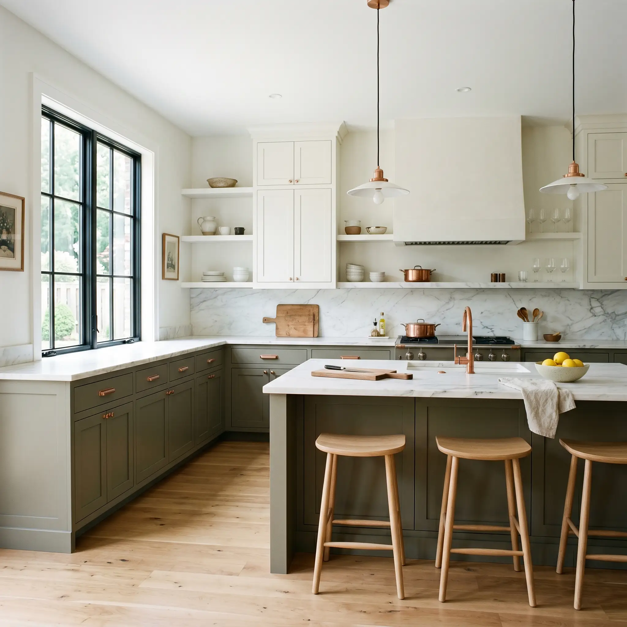 Two-toned kitchen cabinetry pairs muddy sage lower units and a central island with crisp white uppers, complemented by light veined marble countertops, natural wood barstools, and unlacquered copper hardware.