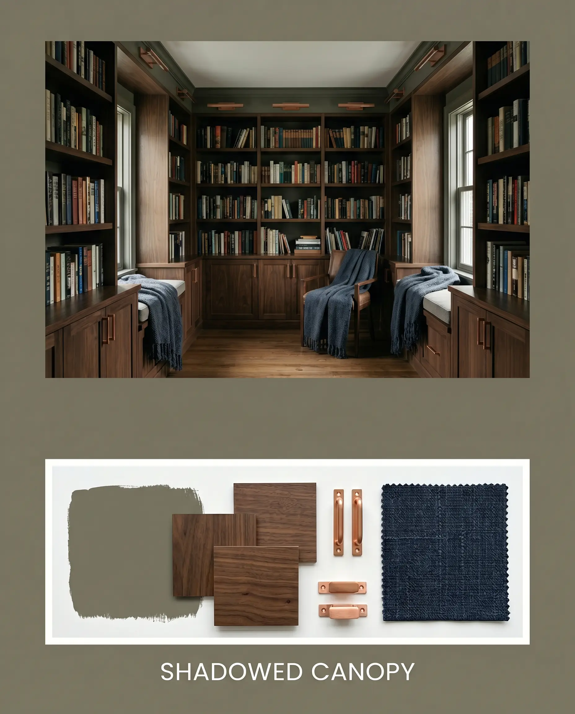 An editorial concept board displays a moody library featuring dark walnut shelving, unlacquered copper pulls, and navy blue woven throw blankets, inset with a curated physical materials flat-lay.