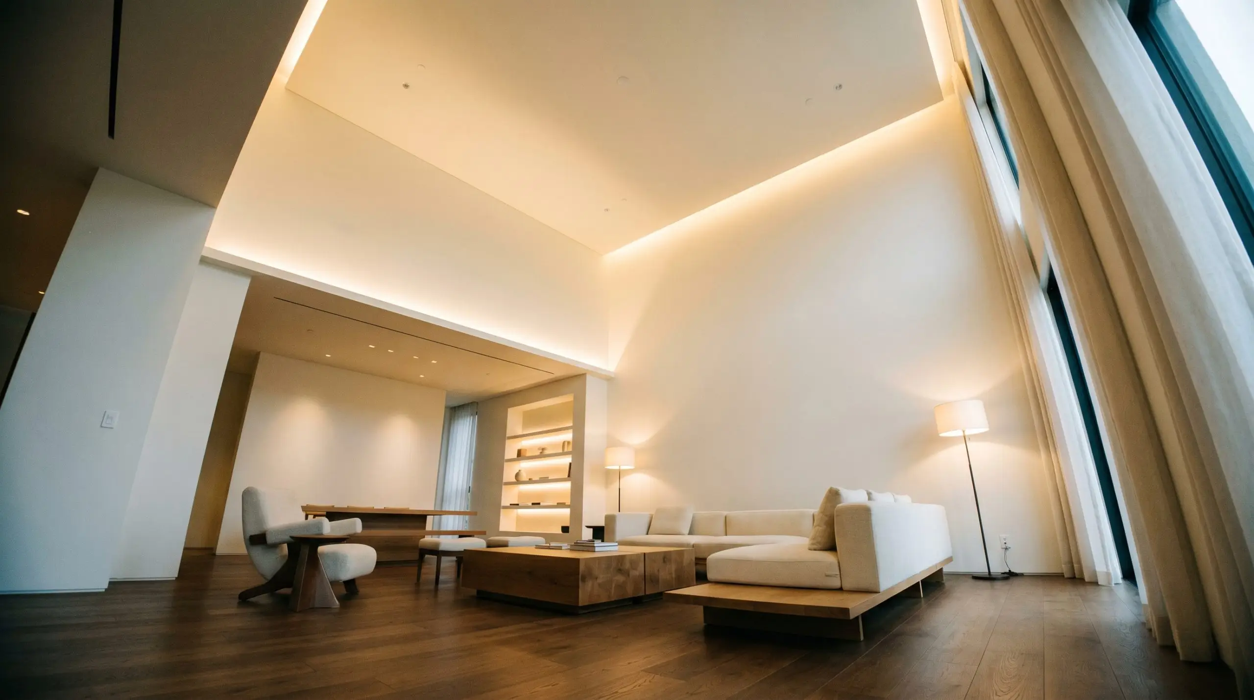 A glowing ceiling canopy and surrounding walls painted in Sherwin-Williams White Snow (Hex #F5F4EE) reflect ambient light above warm wood flooring and elegant furnishings.