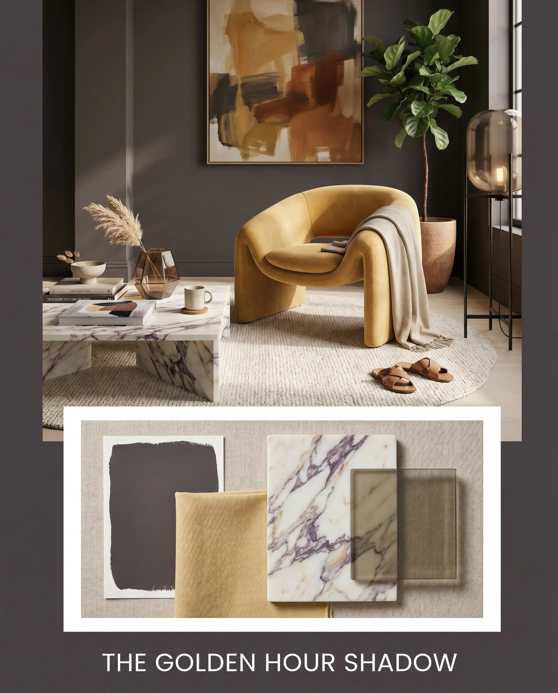 A post-modern editorial layout highlights a sculptural accent chair and honed Calacatta Viola marble surfaces against dark dramatic walls, paired with a material flat-lay.