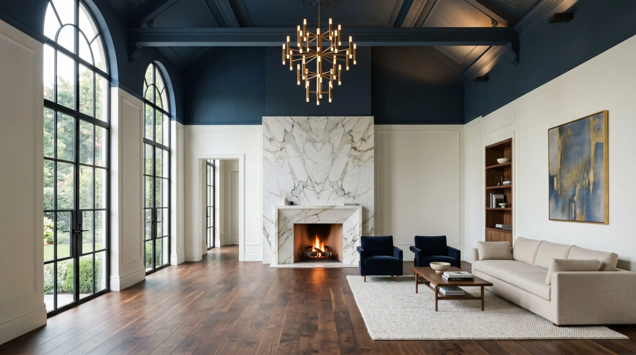 A massive Calacatta marble fireplace and rich walnut flooring anchor an expansive living room featuring striking architectural features and deep teal upper walls.