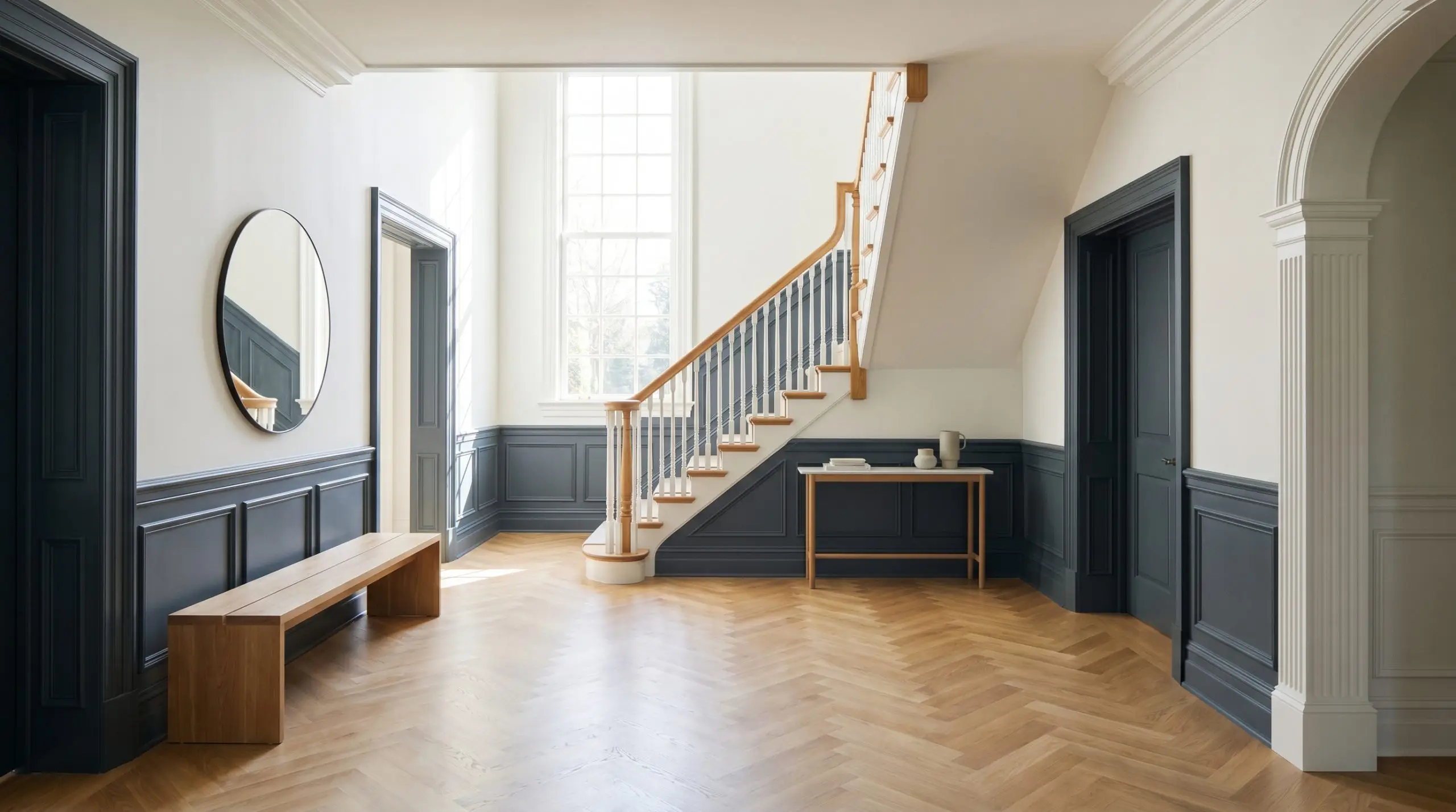 A grand foyer features light oak flooring and striking architectural contrast, with lower wall wainscoting painted in Behr Midnight Blue (Hex #4c565e) below crisp white upper walls.
