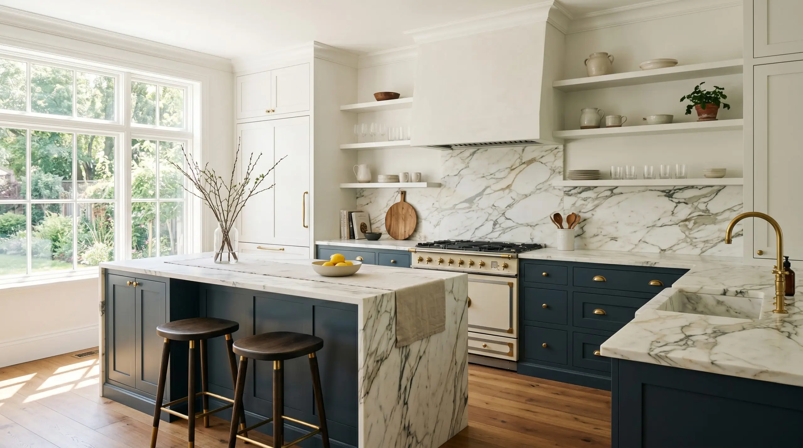 Heavily veined Calacatta marble countertops rest on jewel tone lower cabinets accented with unlacquered brass hardware under crisp white upper walls.