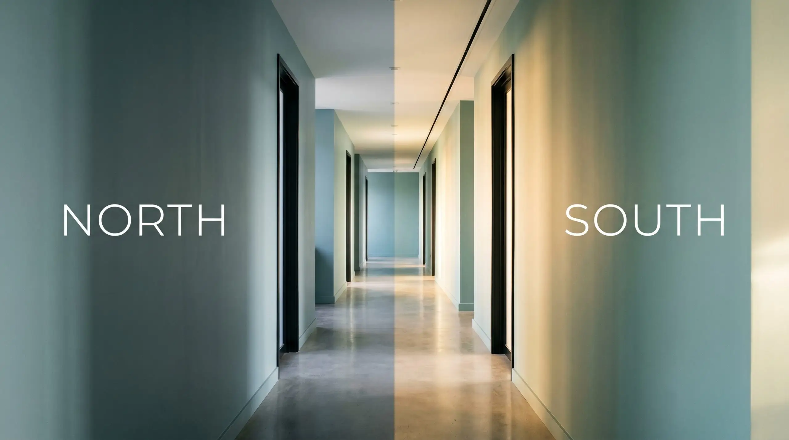 An elegant empty hallway painted in Benjamin Moore St. Lucia Teal demonstrates a visual shift from moody slate-gray shadows in cool Northern light to a vibrant muted teal in warm Southern exposure.