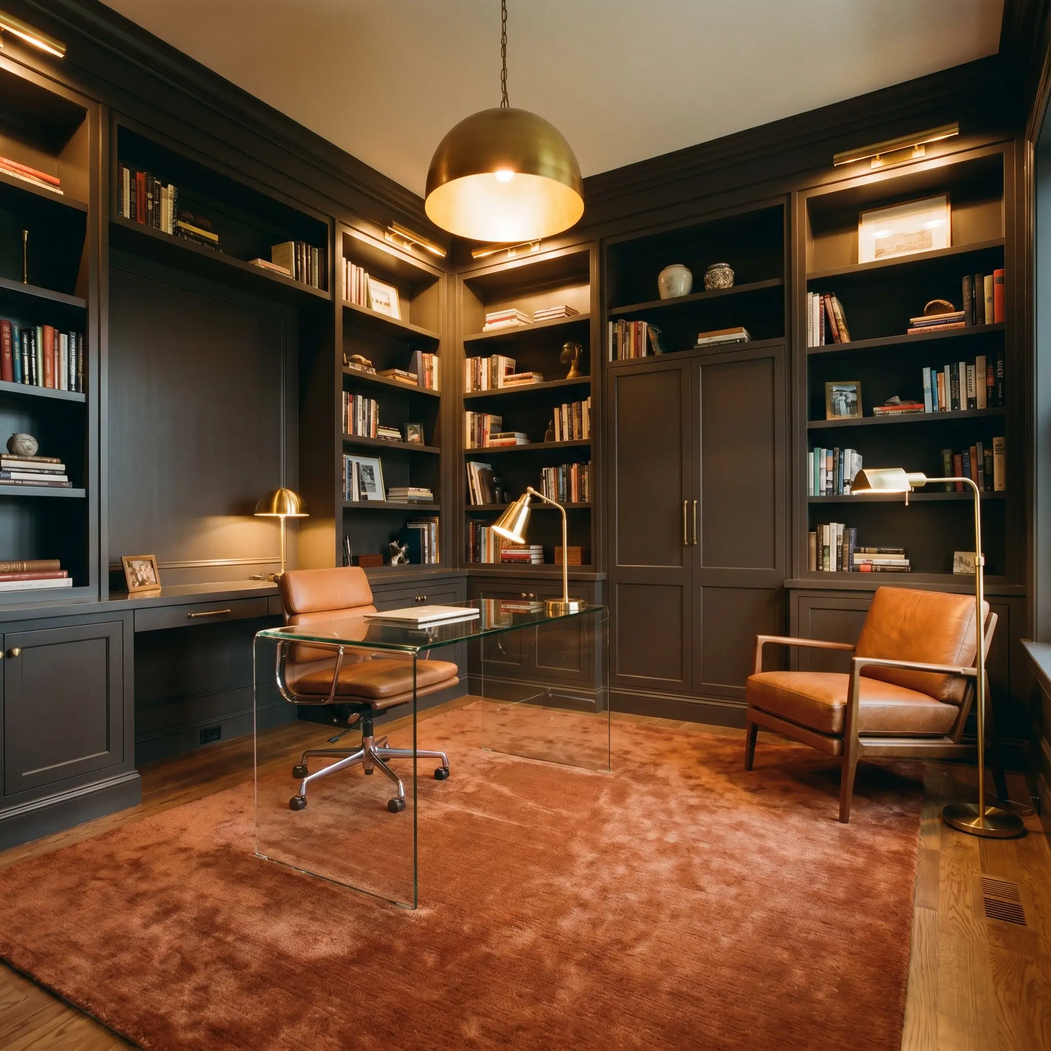 A plush rust-toned rug and cognac leather reading chair sit within a classic transitional study featuring wainscoting and built-in bookshelves painted in SW Clove.