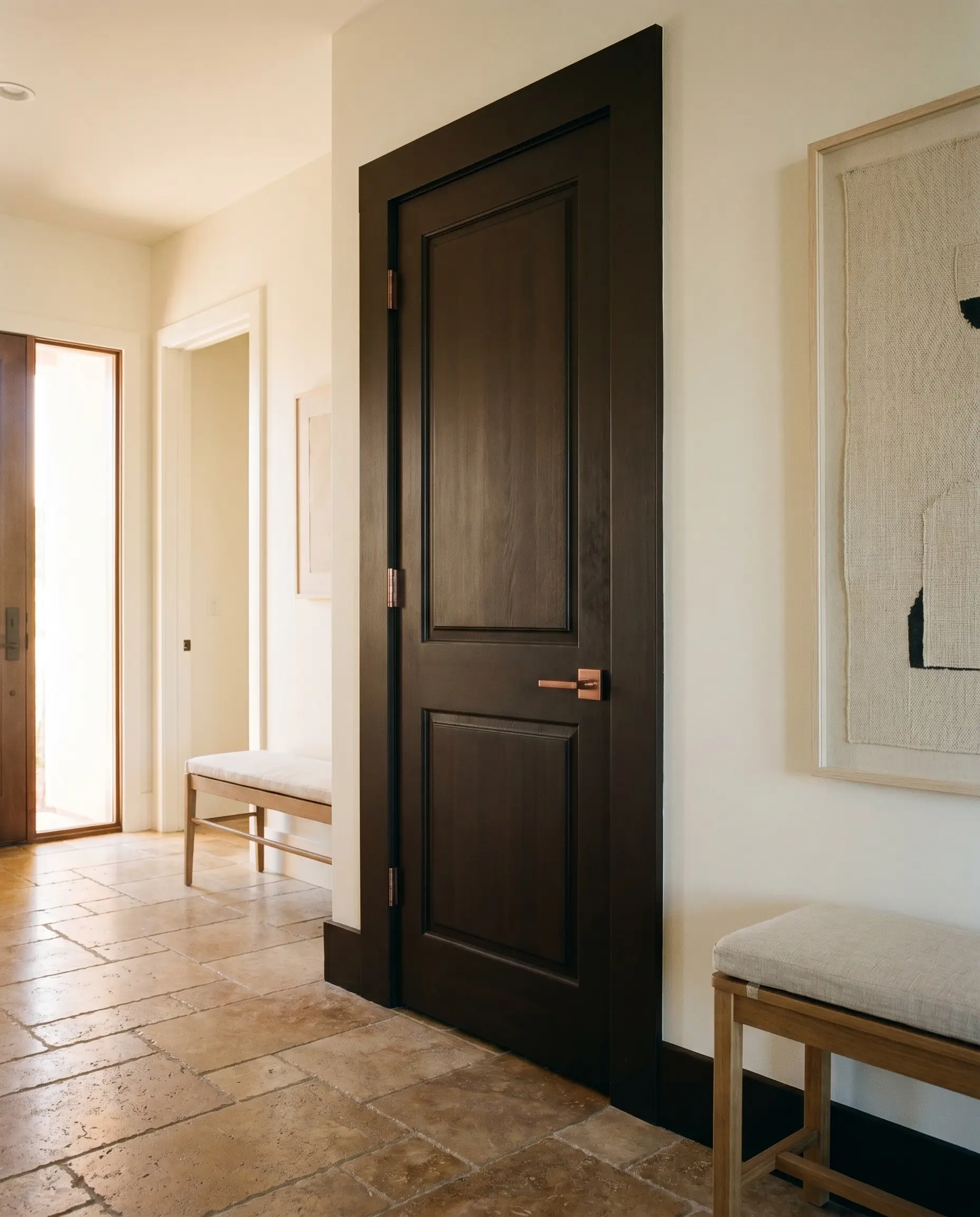 A heavy interior door and surrounding casing painted in Behr Espresso Beans provide a stark contrast against light hallway walls and tumbled travertine flooring.