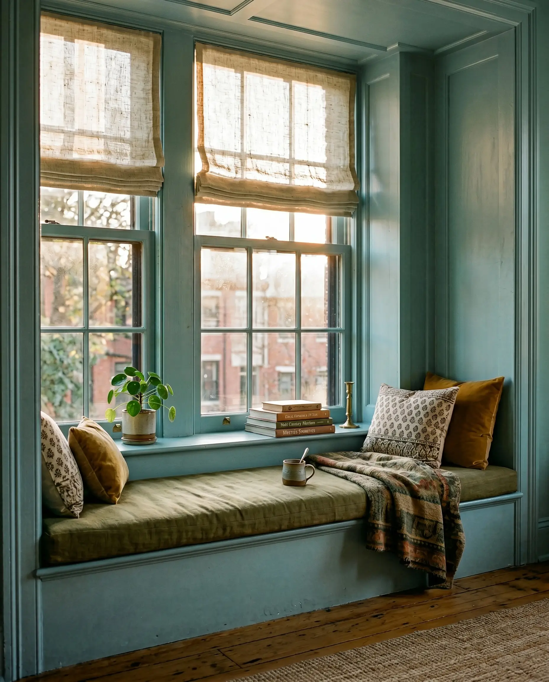 Heavy slubby linen Roman shades filter harsh western glare inside a bespoke architectural window alcove featuring deep mullions and returns painted in a mid-tone LRV teal.