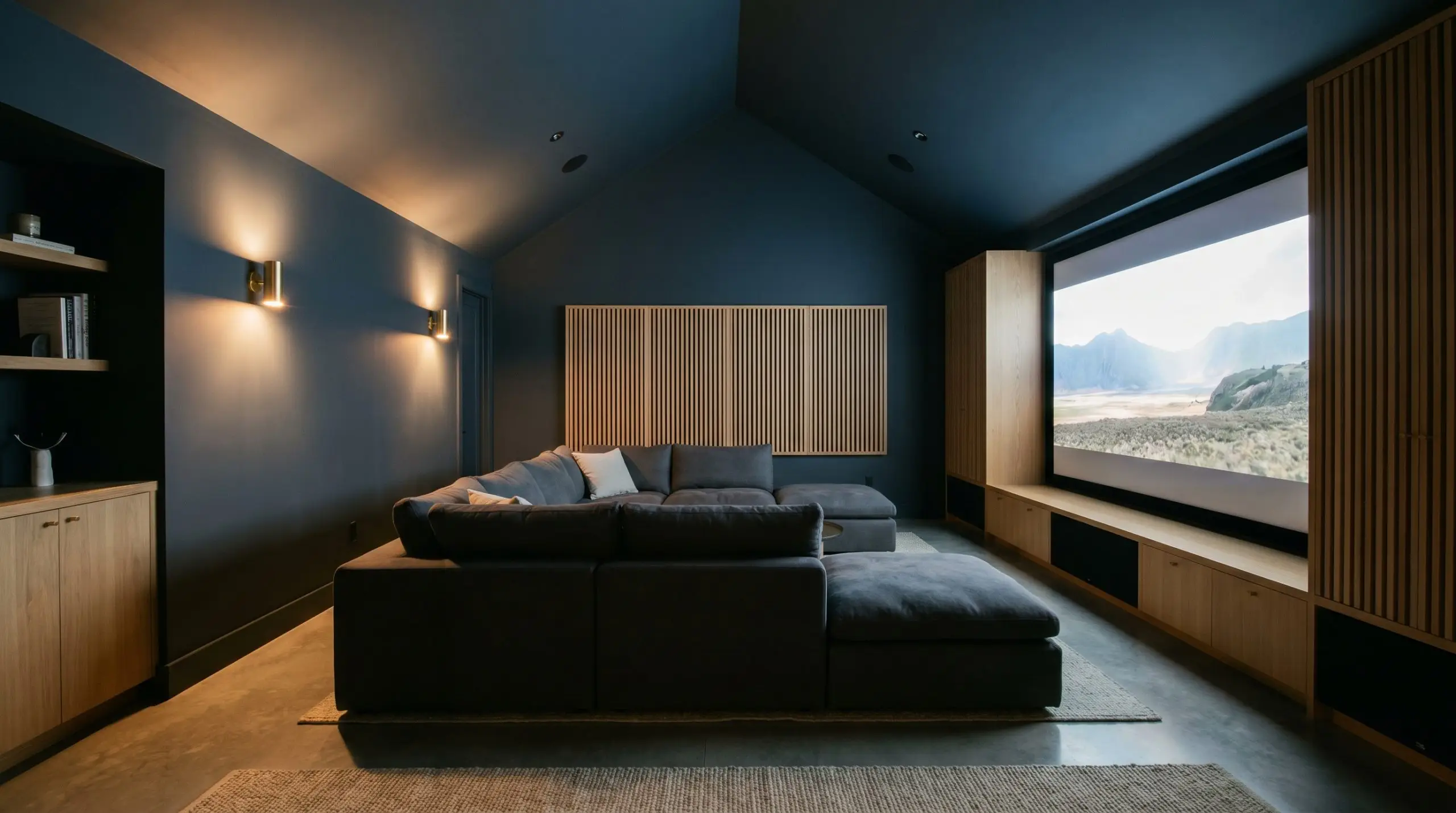 Heavy linen seating and natural white oak accents fill a dedicated home media room enveloped by dark moody navy walls and ceiling.