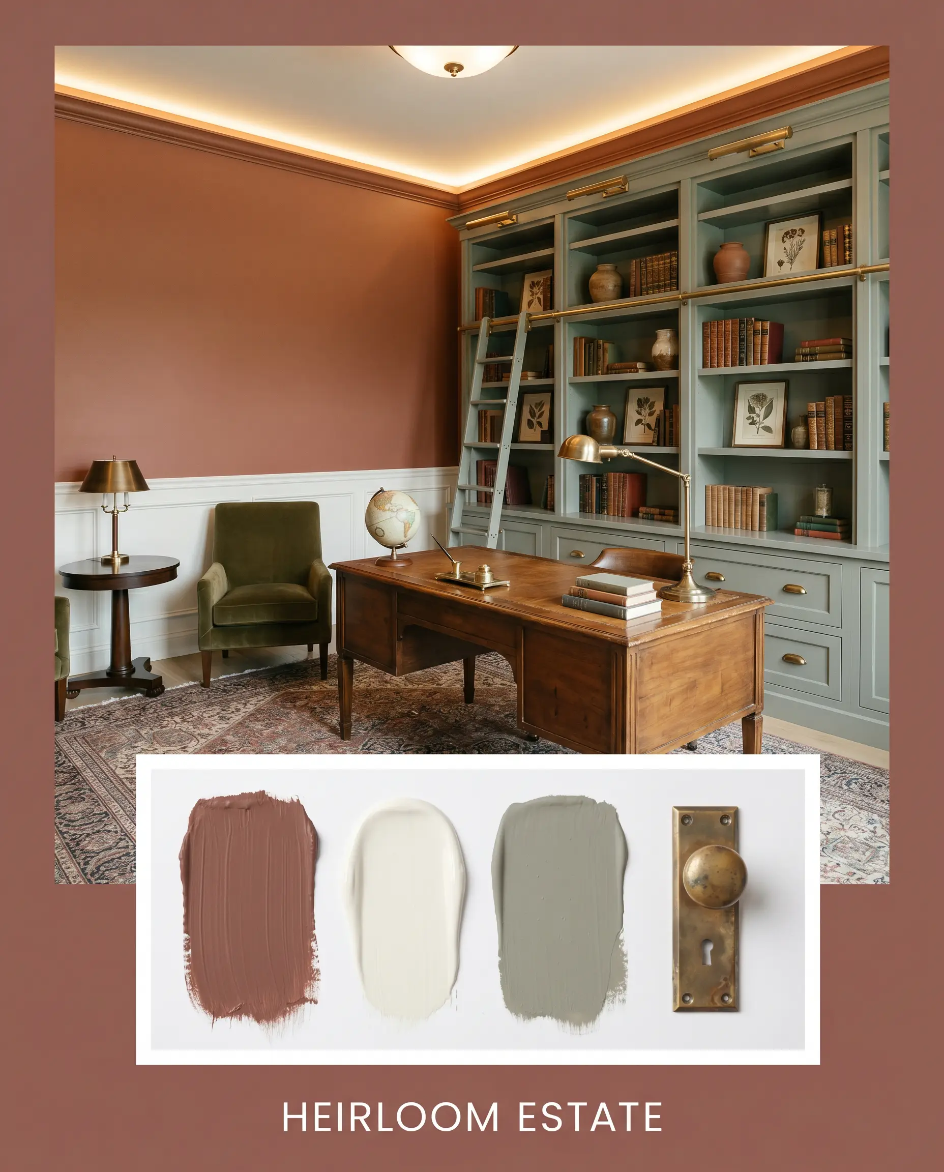 A highly tailored study featuring crisp wainscoting and a muted green built-in bookcase sits above an inset panel displaying aged unlacquered brass and earthy mid-tone textures.