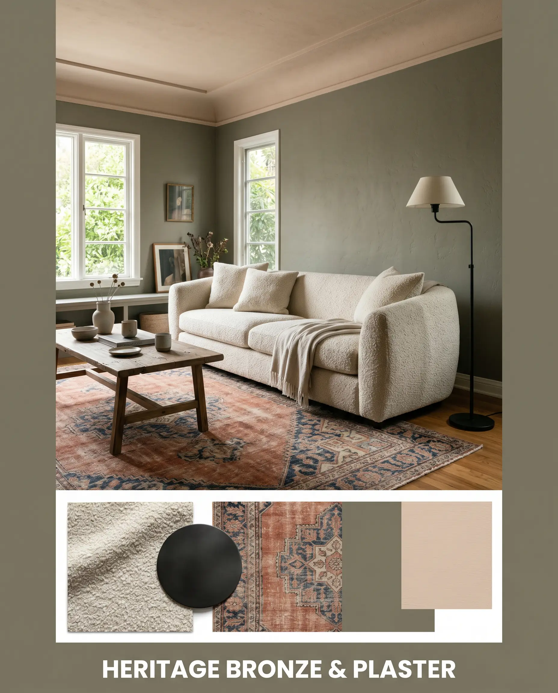 A designer concept board showcases a living room painted in Benjamin Moore Gloucester Sage (Hex #7B7665) with a textured bouclé sofa and a vintage Persian rug, positioned above a physical materials flat-lay.