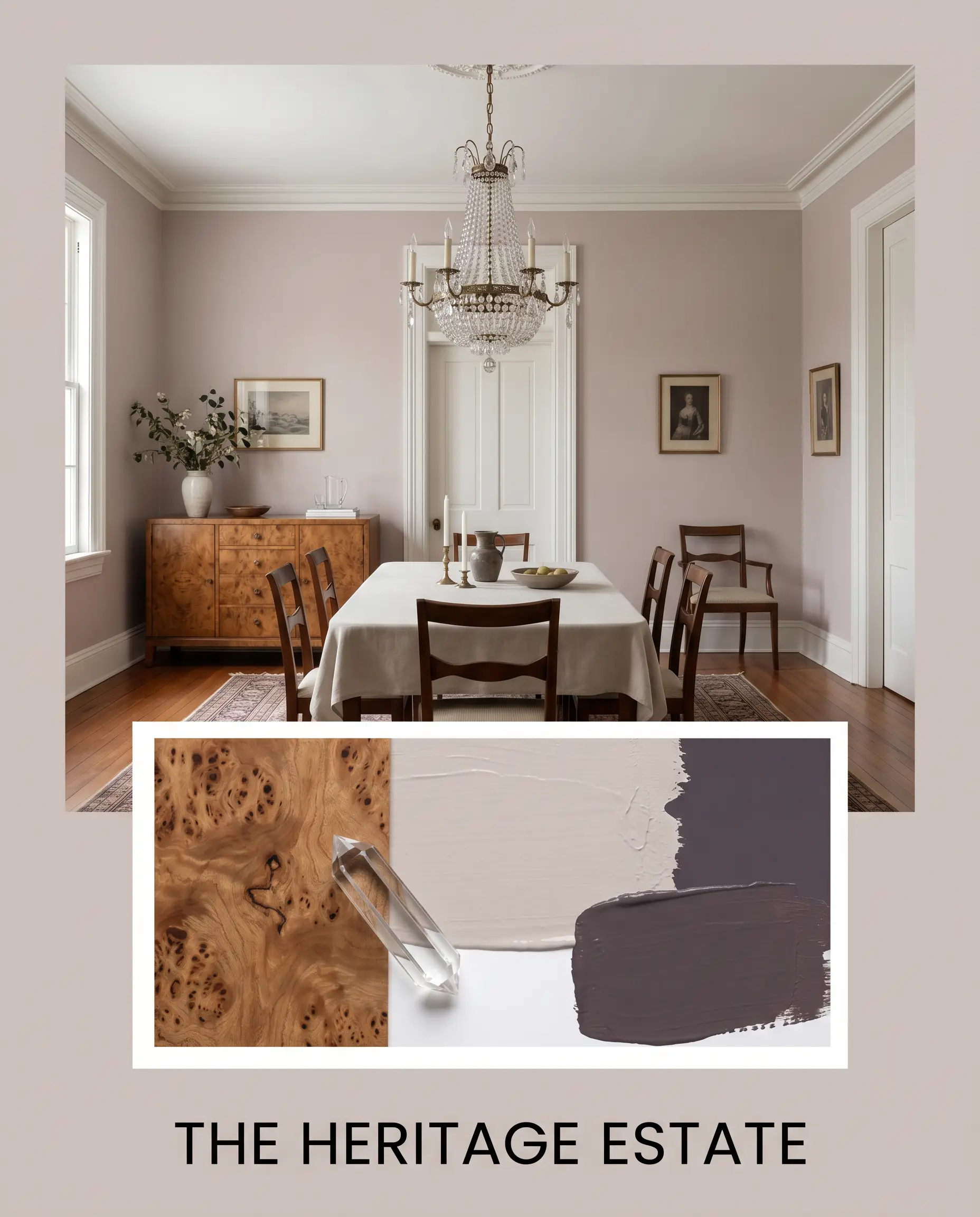 An editorial magazine layout presents a historic dining room with a vintage crystal chandelier above a flat-lay of burl wood veneer, a crystal prism, and dusty mauve paint textures.