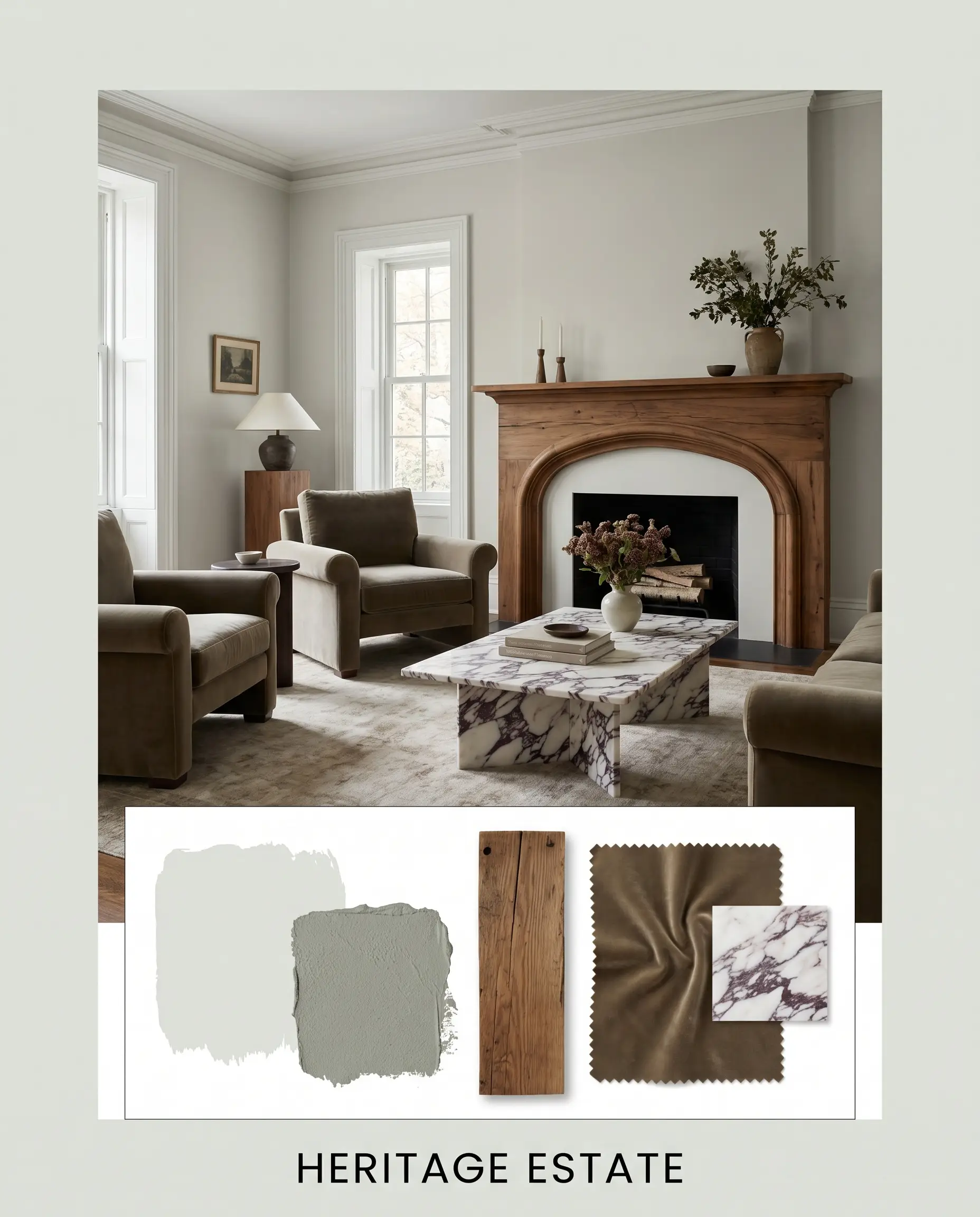 A historic living room with a sweeping reclaimed chestnut wood mantle and Calacatta Viola marble coffee table sits above a curated flat-lay of rich velvet and cool gray paint swatches.
