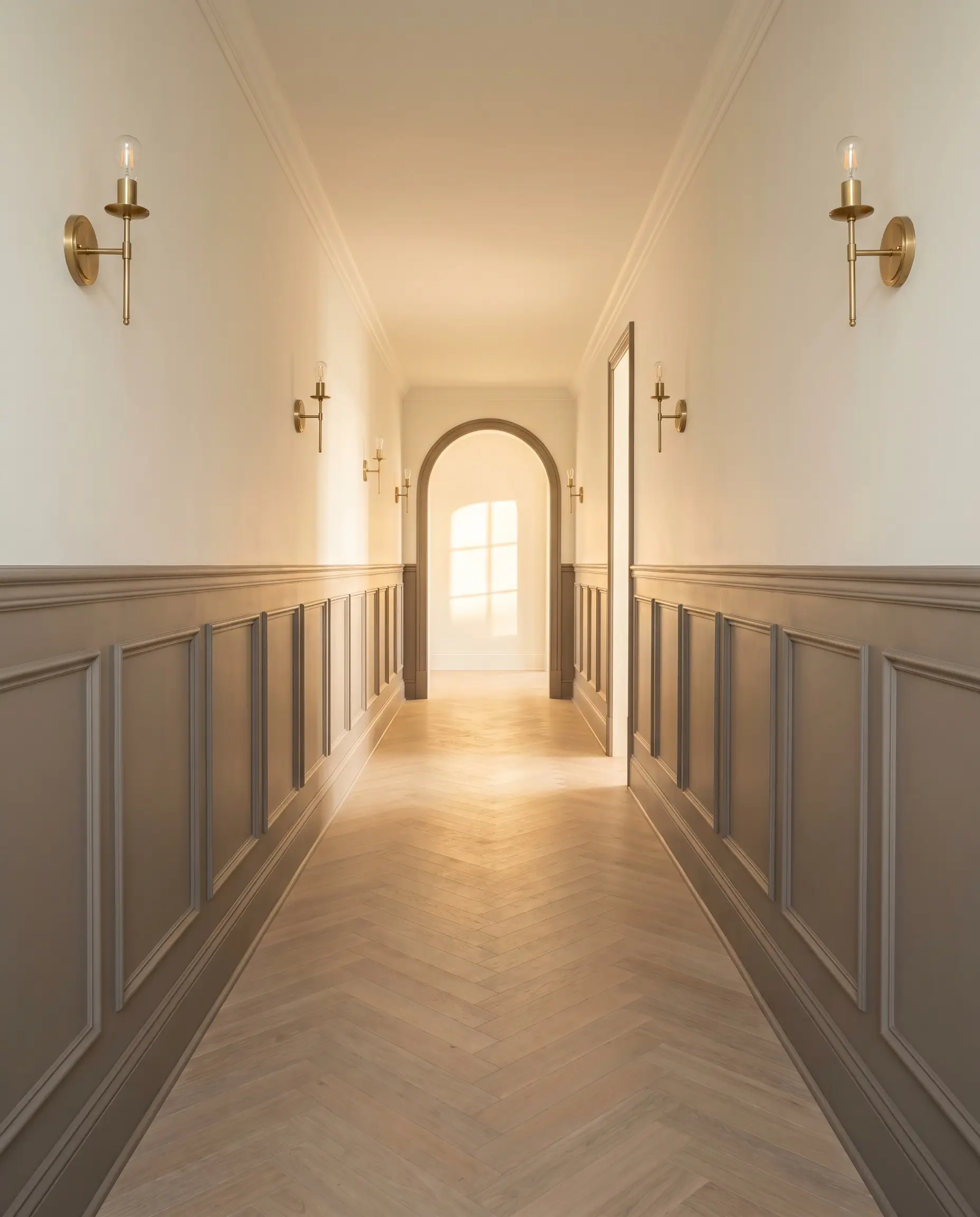 High-profile wainscoting painted in a warm taupe hue lines a transitional hallway featuring unlacquered brass sconces and bleached white oak herringbone floors.