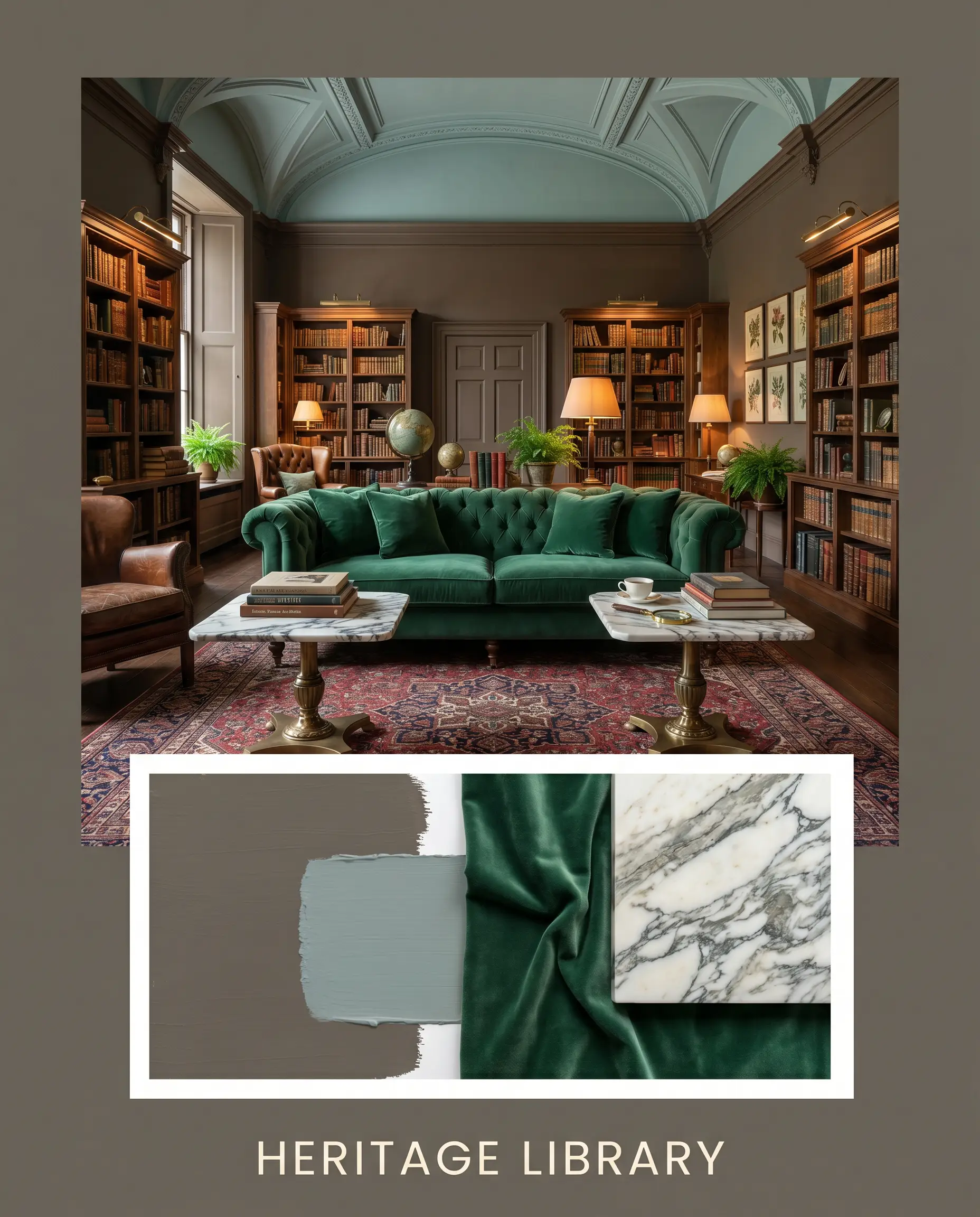 A heritage library with a tufted emerald velvet sofa and heavily veined marble side tables is displayed above a curated material flat-lay.