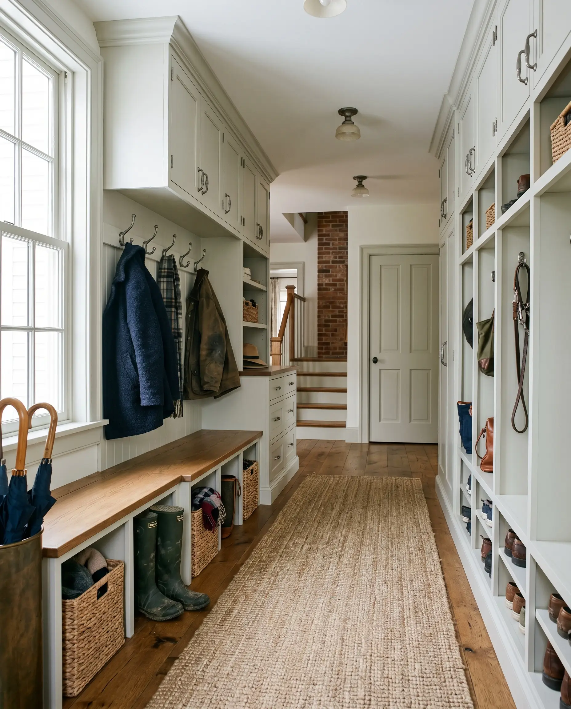 A high-traffic entryway mudroom showcases built-in storage cubbies and cabinetry painted entirely in Benjamin Moore Horizon (Hex #DFE1DB), complemented by aged pewter hardware hooks and a woven jute runner.