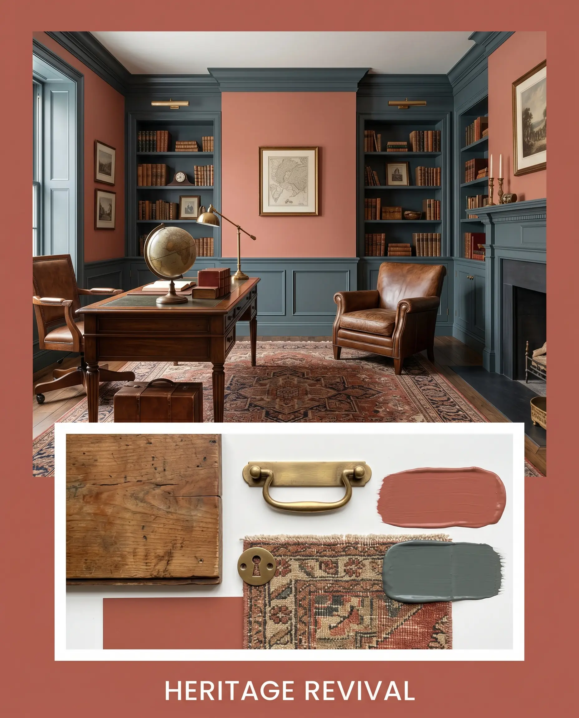 A historic collected study featuring antique woods and vintage rugs rests above a physical materials flat-lay showcasing unlacquered brass hardware against an earthy red-brown depth.