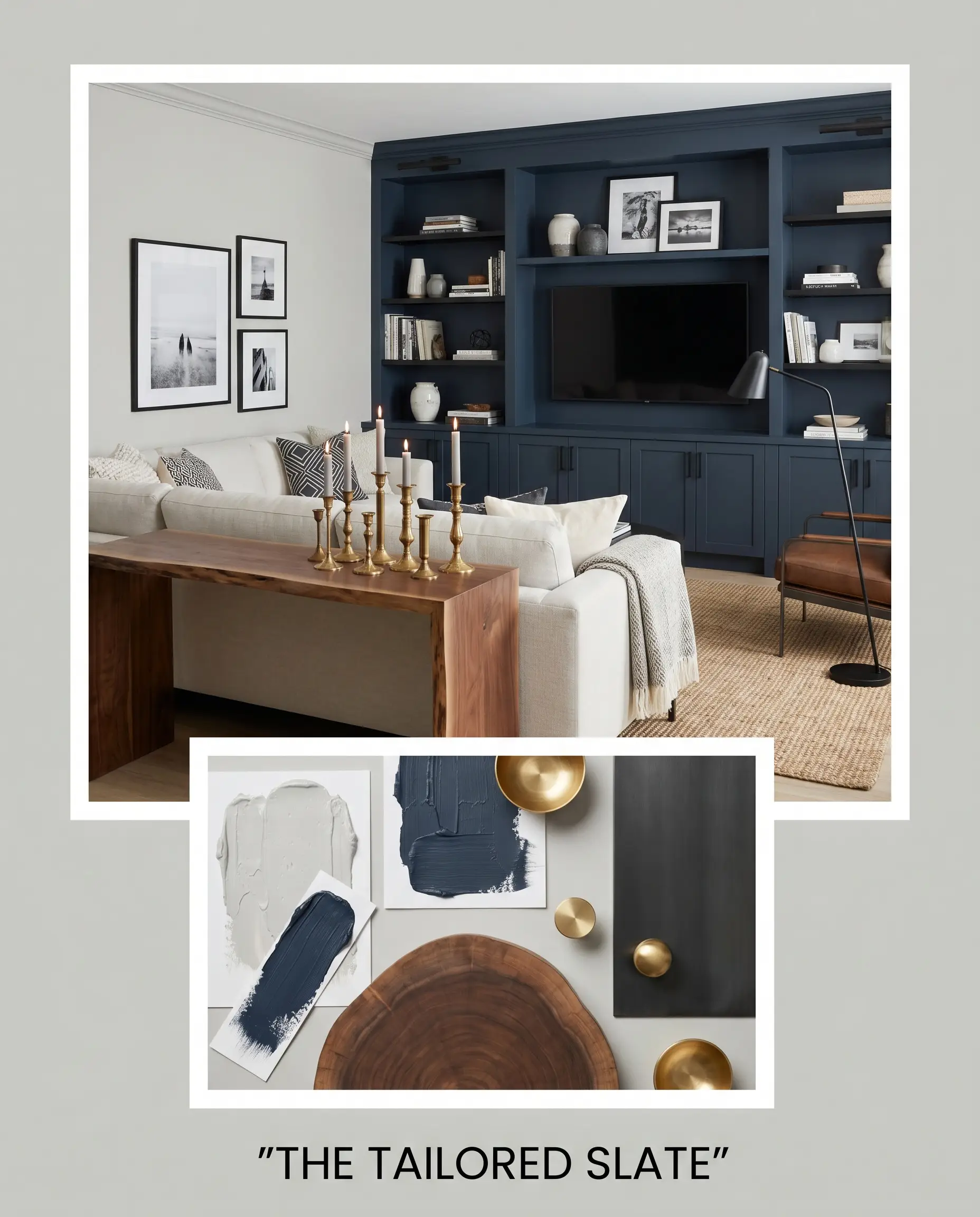 A live-edge walnut console and clustered brass candlesticks sit beneath a dark navy built-in, presented above a flat-lay of wood and metal material samples.