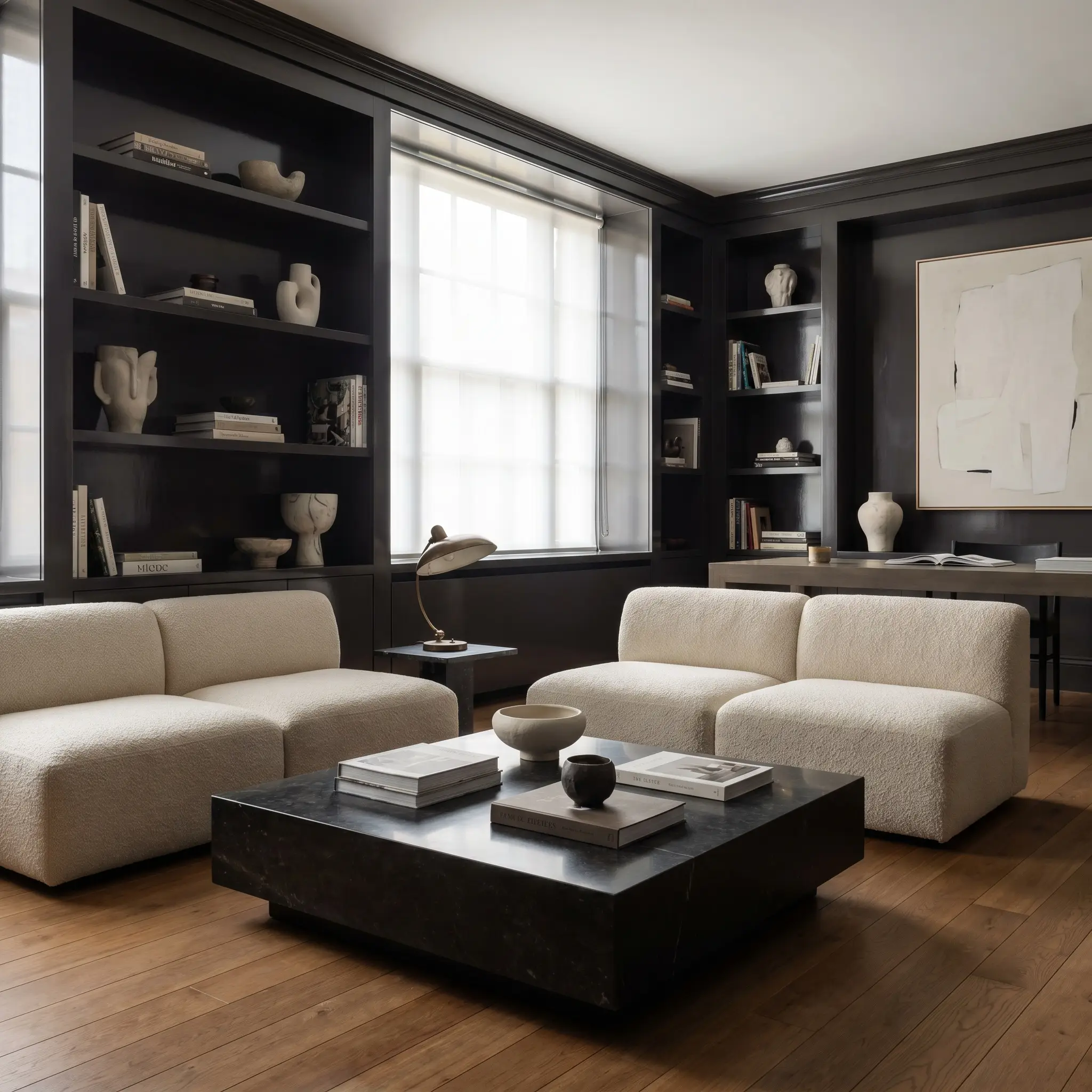 High-gloss built-in bookcases painted in Farrow & Ball Paean Black (Hex #484348) anchor a contemporary study alongside a modular bouclé sofa and plinth coffee table.