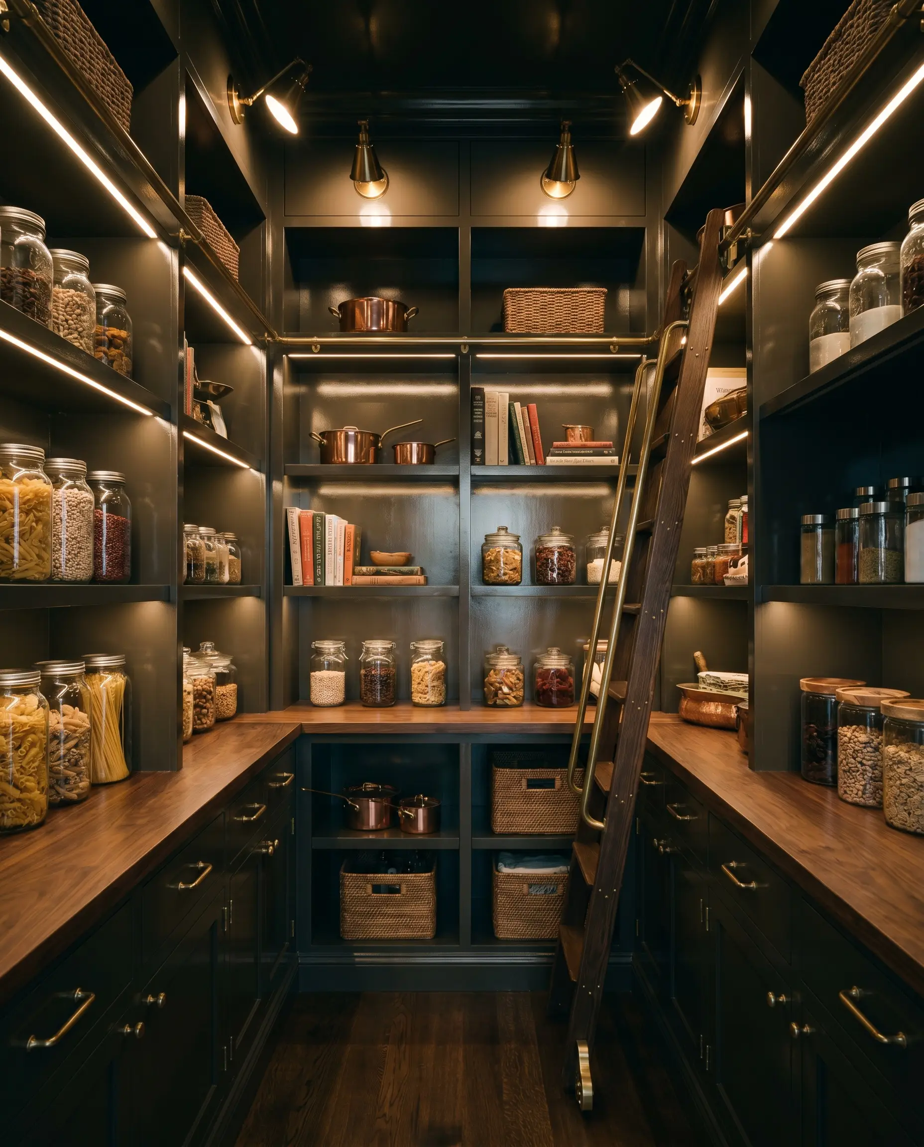 Unlacquered brass hardware and dark walnut counters highlight a windowless walk-in pantry enveloped in high-gloss Benjamin Moore Night Horizon paint.