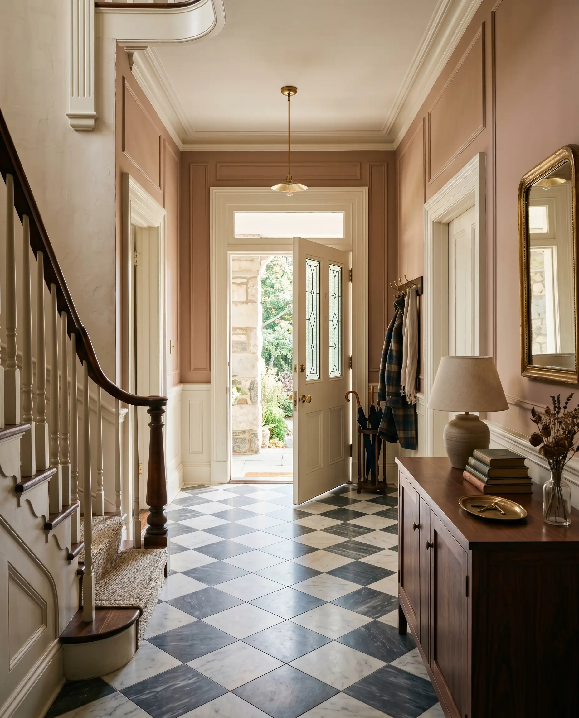 Classic checkerboard marble floors and a rich walnut console table define a grand historic entryway featuring a vintage umbrella stand and draped wool coat.