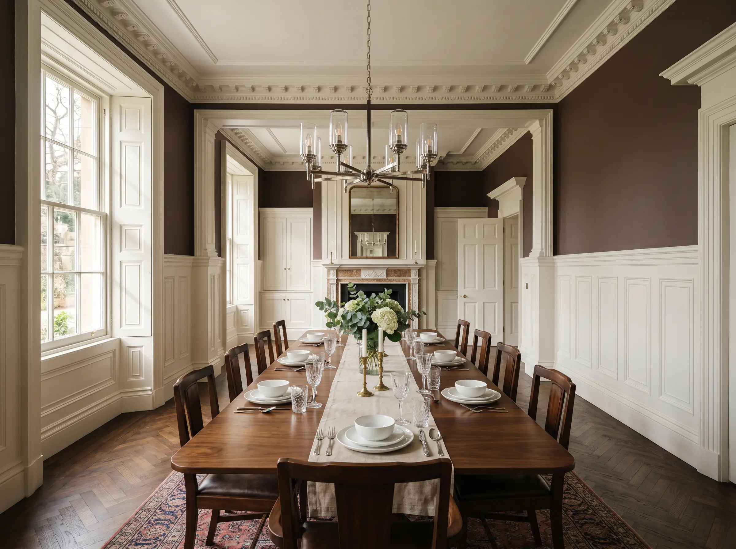 Intricate wainscoting and tall baseboards painted Farrow & Ball Wimborne White (Hex #f4f2e7) contrast with upper brown walls, surrounding a rich walnut dining table and polished nickel chandelier.