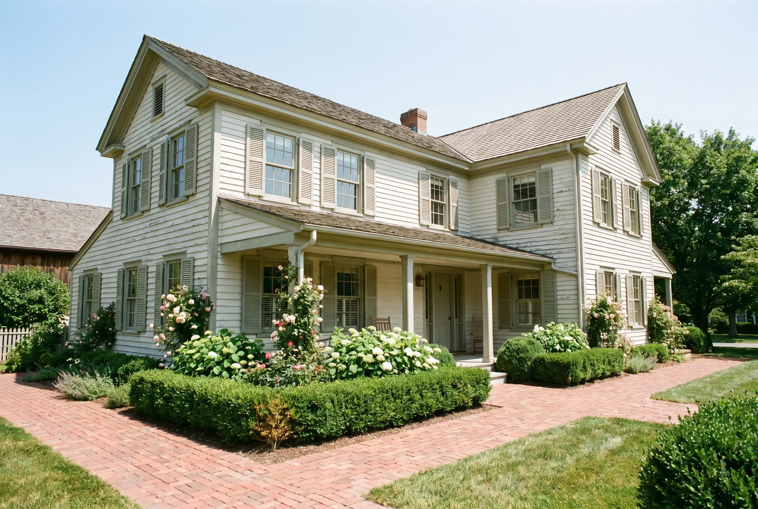 A historic home exterior features white wood siding contrasting with architectural trim and window sashes painted in Farrow & Ball Vert de Terre (Hex #b7baa4).