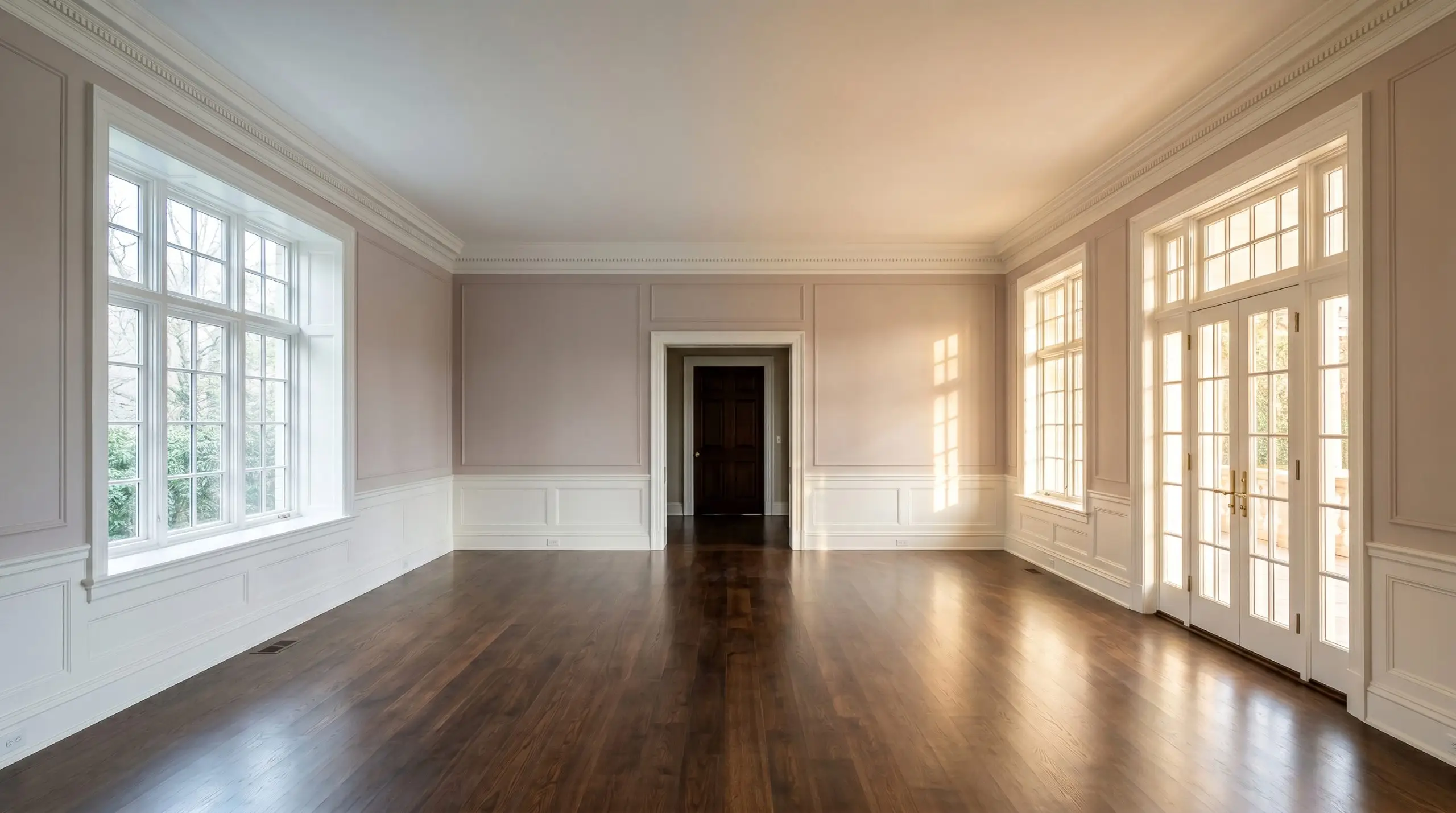 A split-screen historic living room illustrates a color shift, transitioning from a flat grey-pink in cool North-facing light to a warm dusty mauve in South-facing exposure.