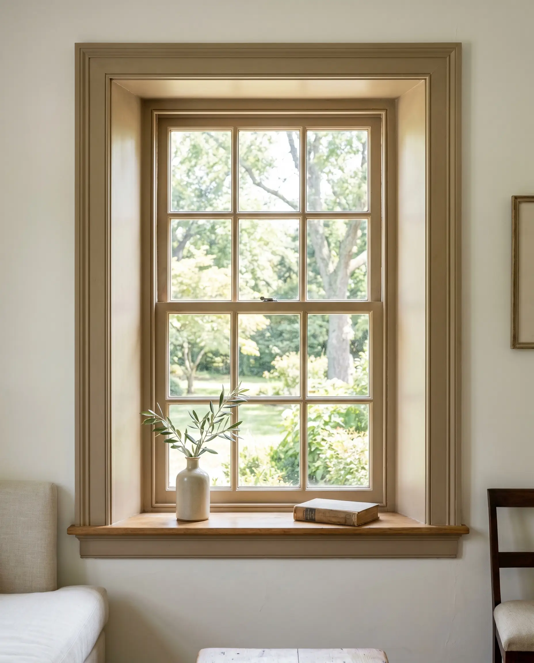 Interior window mullions and casing painted in PPG Soft Suede act as a gentle transition to the lush green landscape outside.