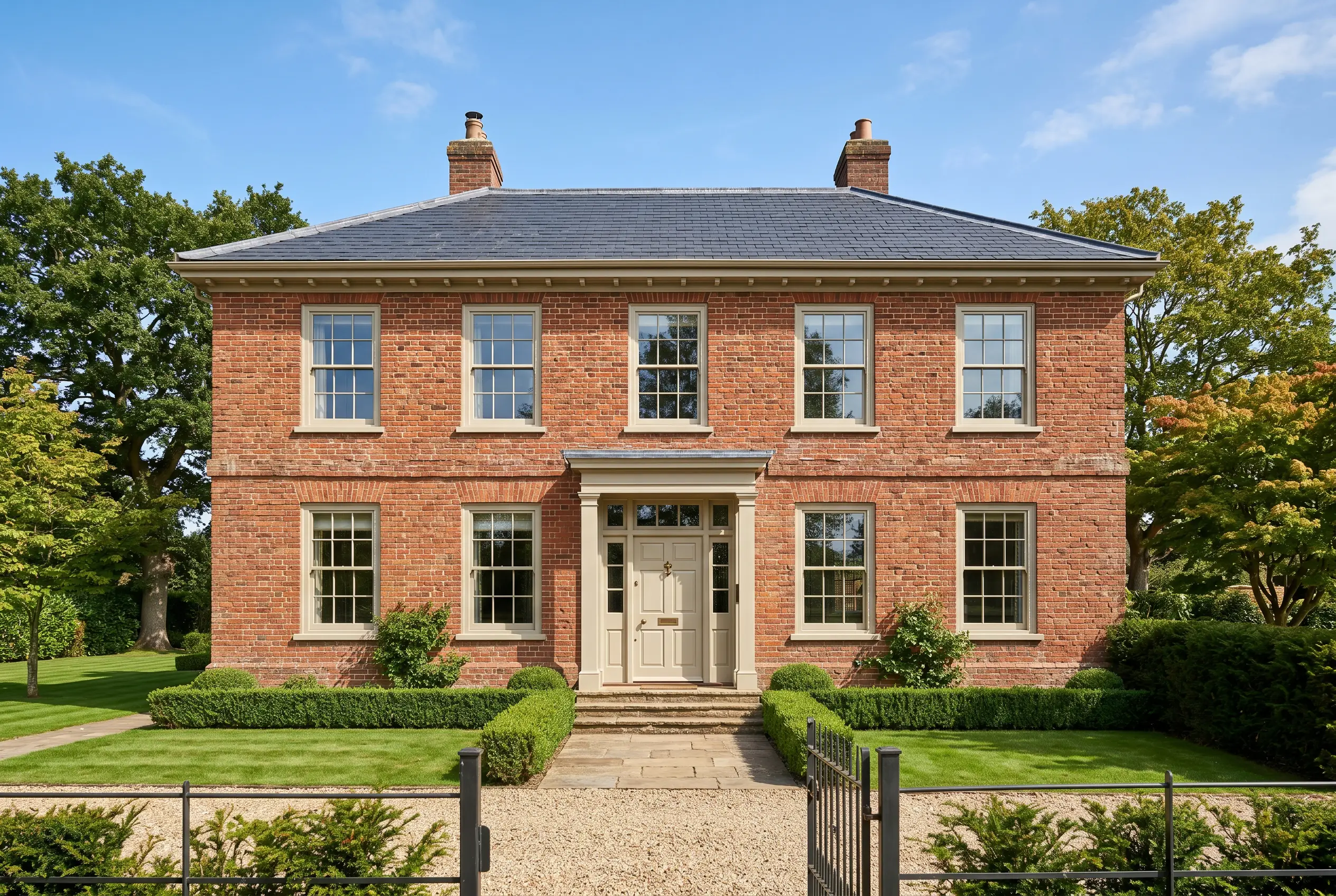 A historic red brick home exterior features trim, fascia, and a front door painted in Drop Cloth (Hex #c5bdac).