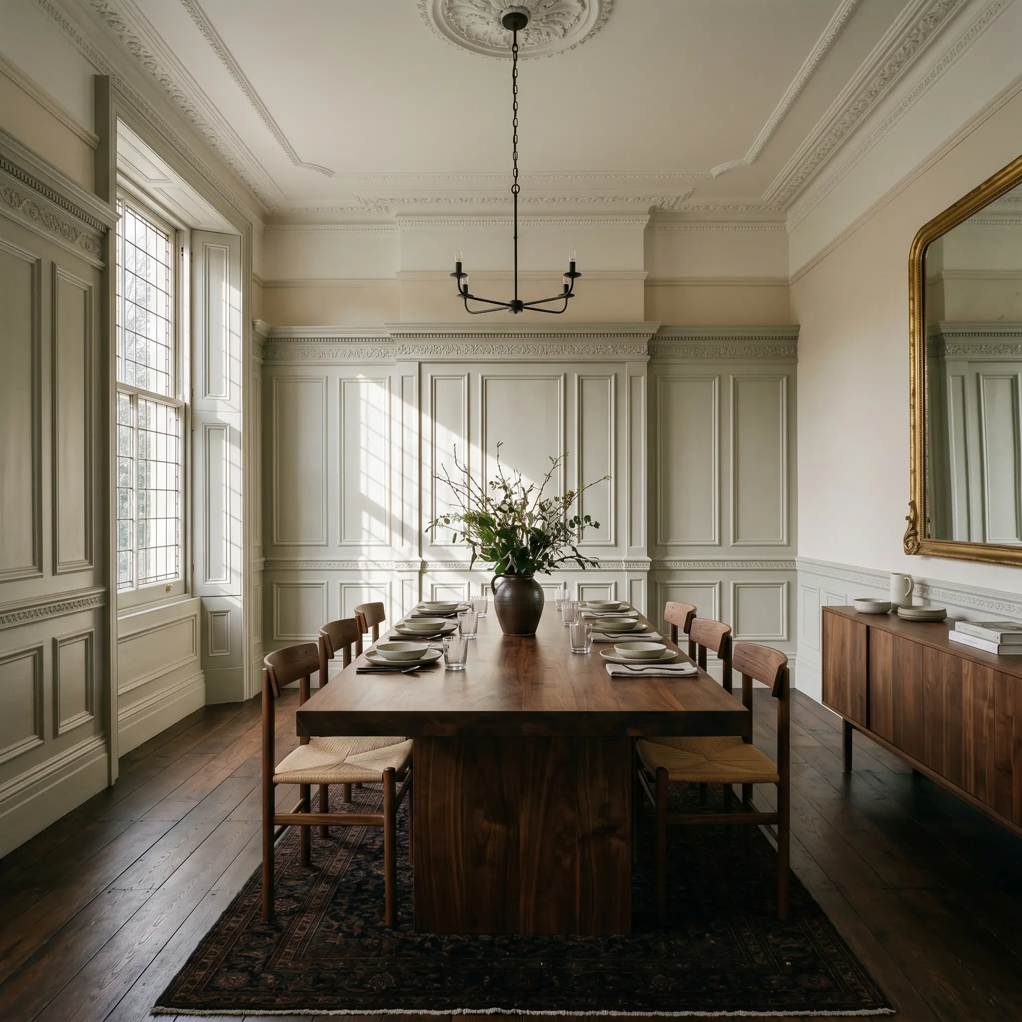 A deep walnut dining table centers a Victorian-era room featuring historic wainscoting painted in a muted green-grey, contrasting with soft cream upper walls.
